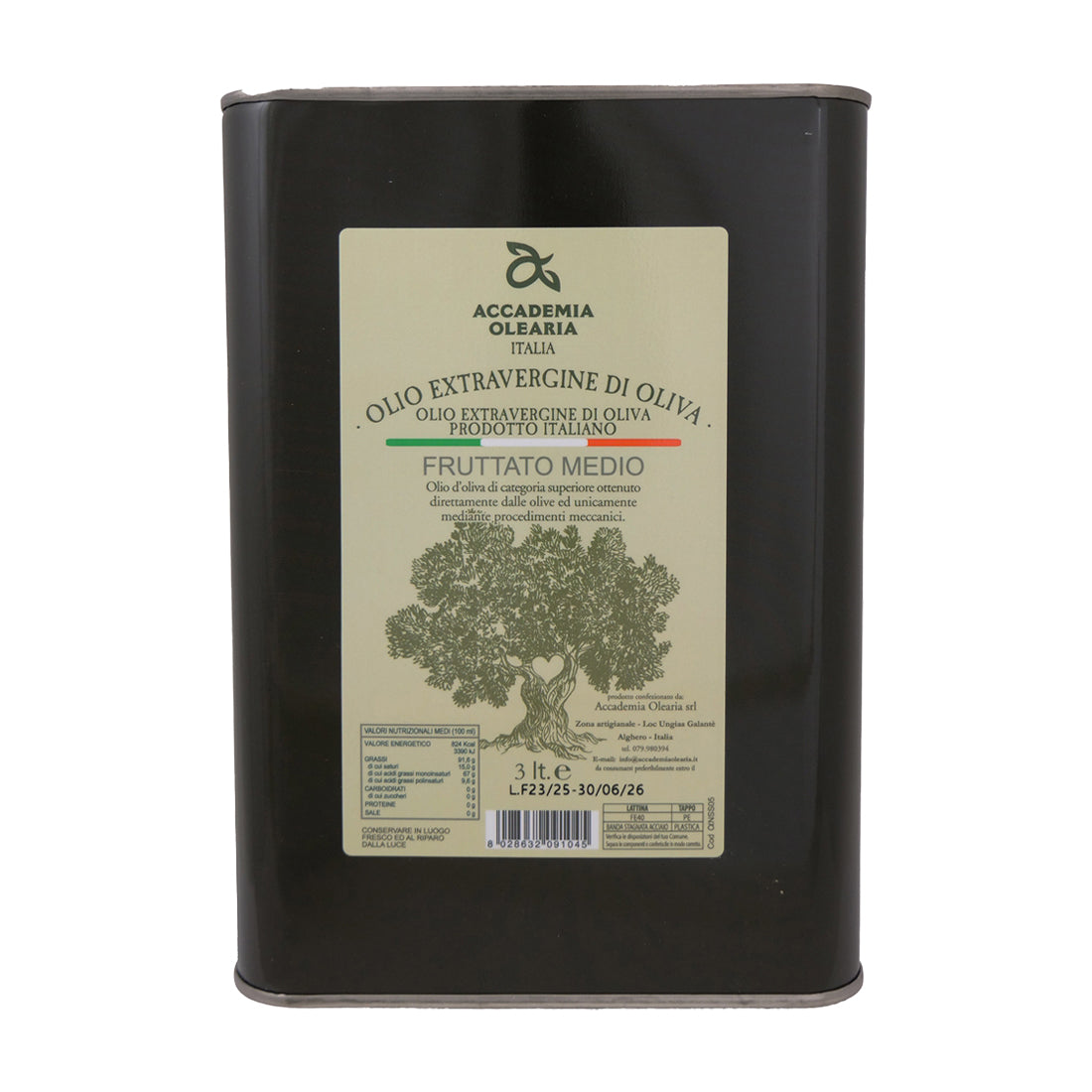 A 3L Tin of Accademia Olearia Fruttato extra virgin olive oil from Sardinia, Italy.
