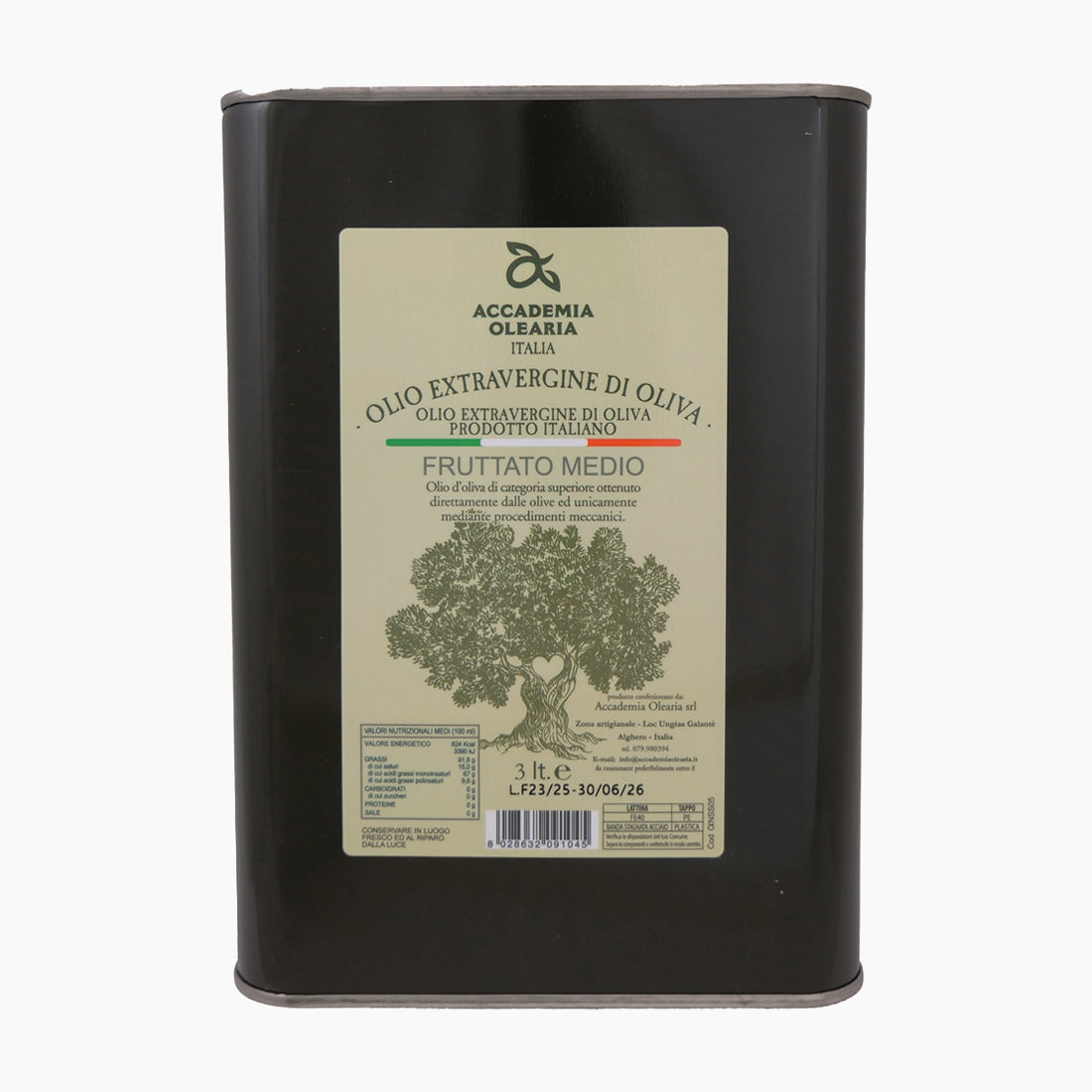 A 3L Tin of Accademia Olearia Fruttato extra virgin olive oil from Sardinia, Italy.