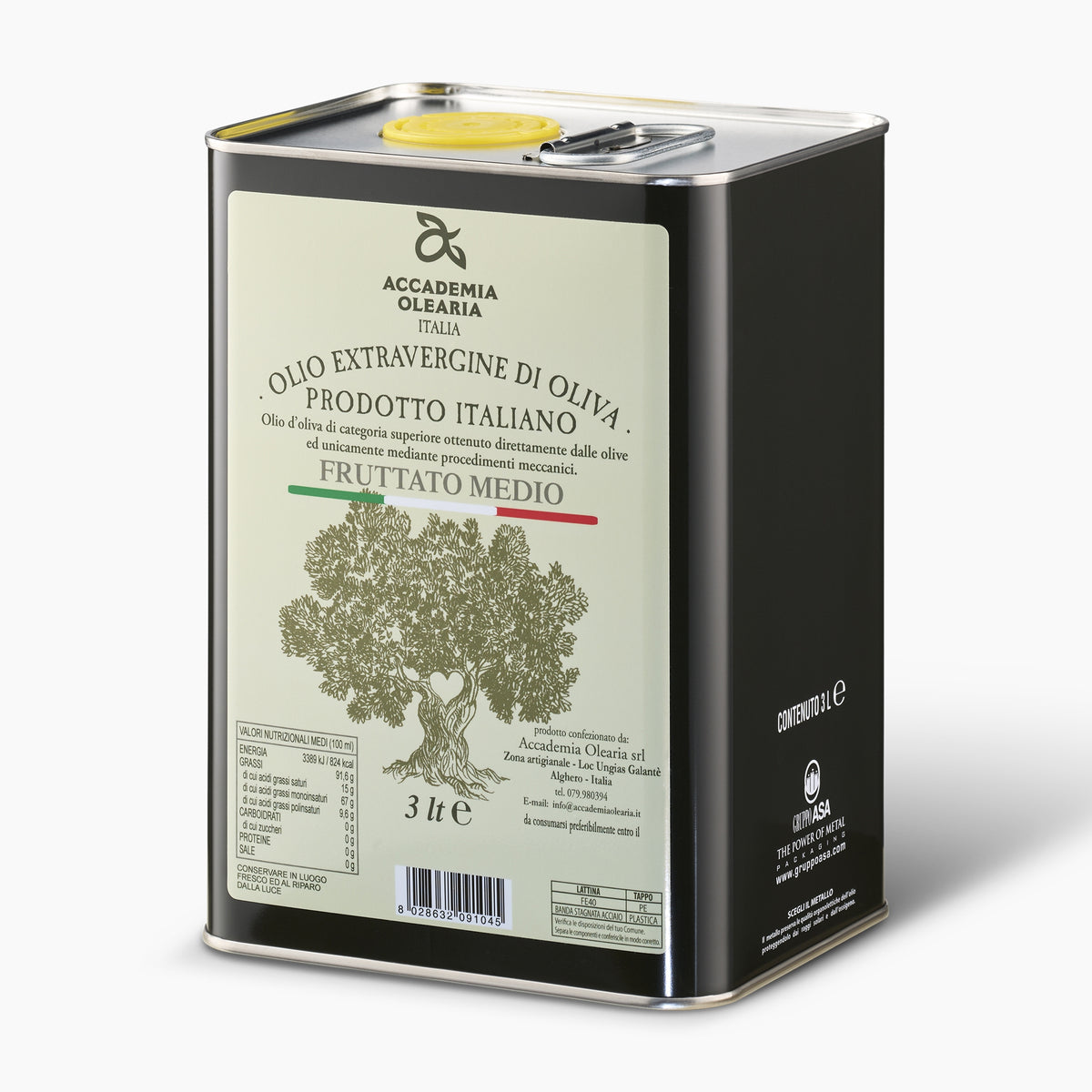 Angled view of Accademia Olearia Fruttato 3L extra virgin olive oil tin from Italy.