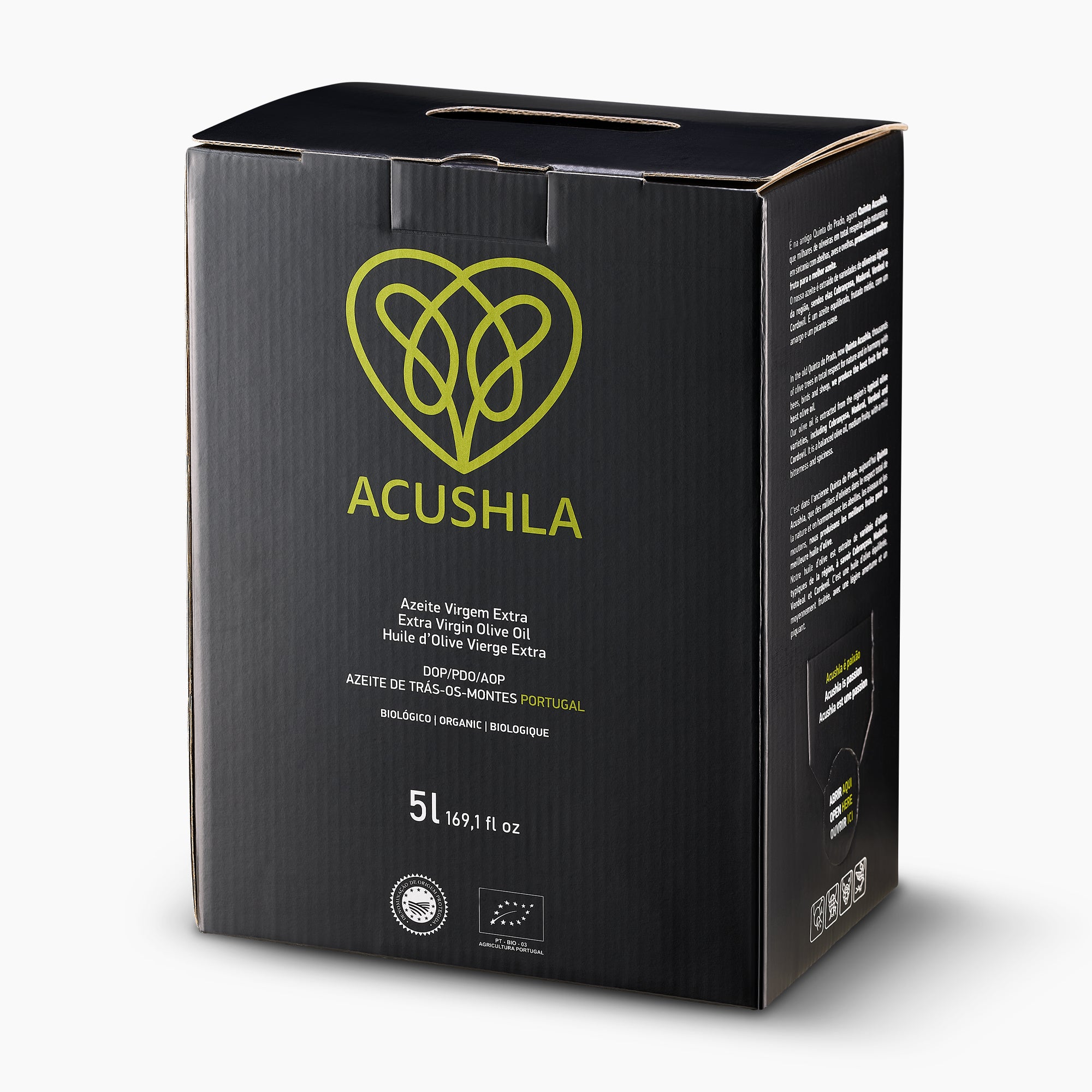 Angled view of Acushla Organic DOP Trás-os-Montes 5L Bag-in-Box.