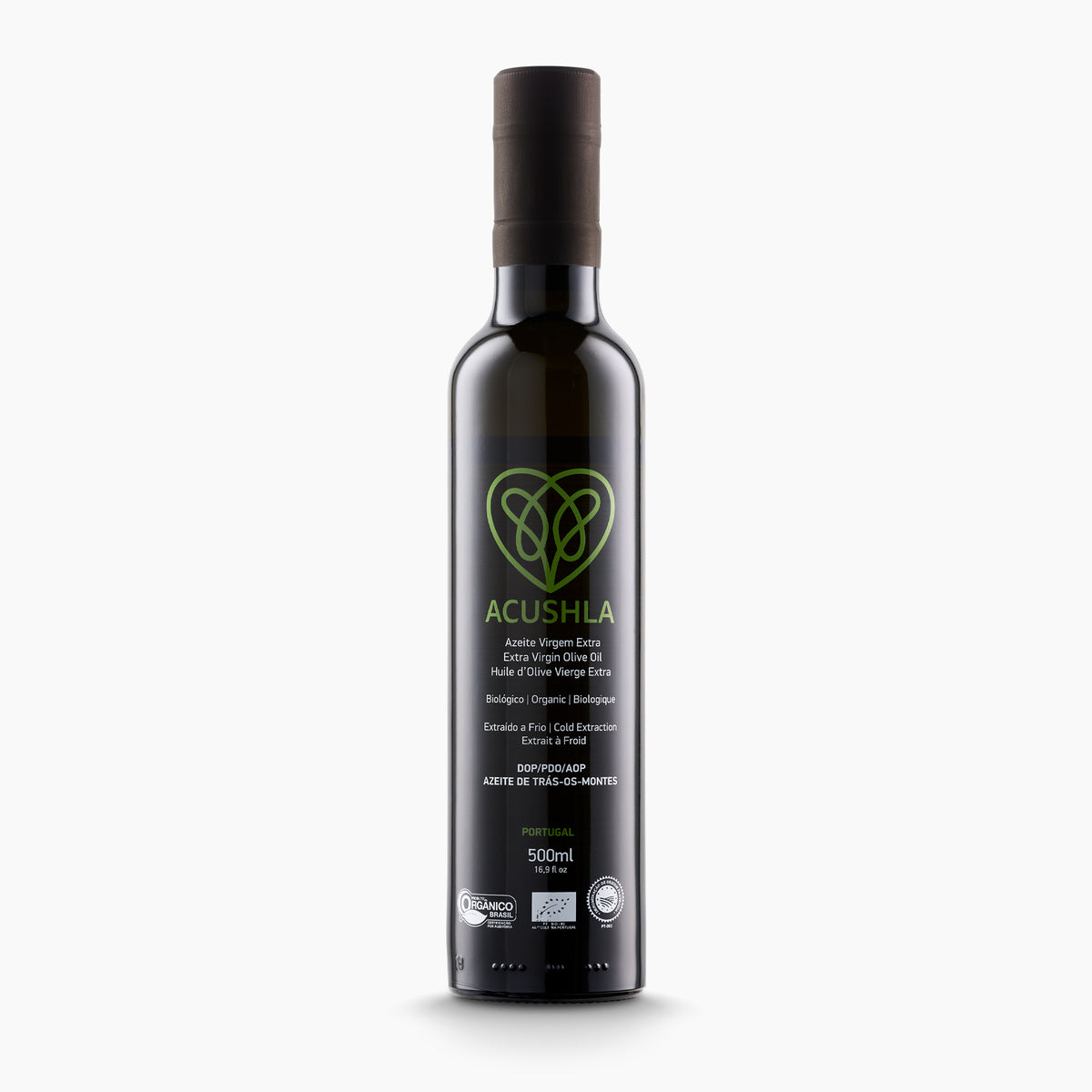 A 500 ml bottle of Acushla Organic DOP Trás-os-Montes extra virgin olive oil from Portugal.