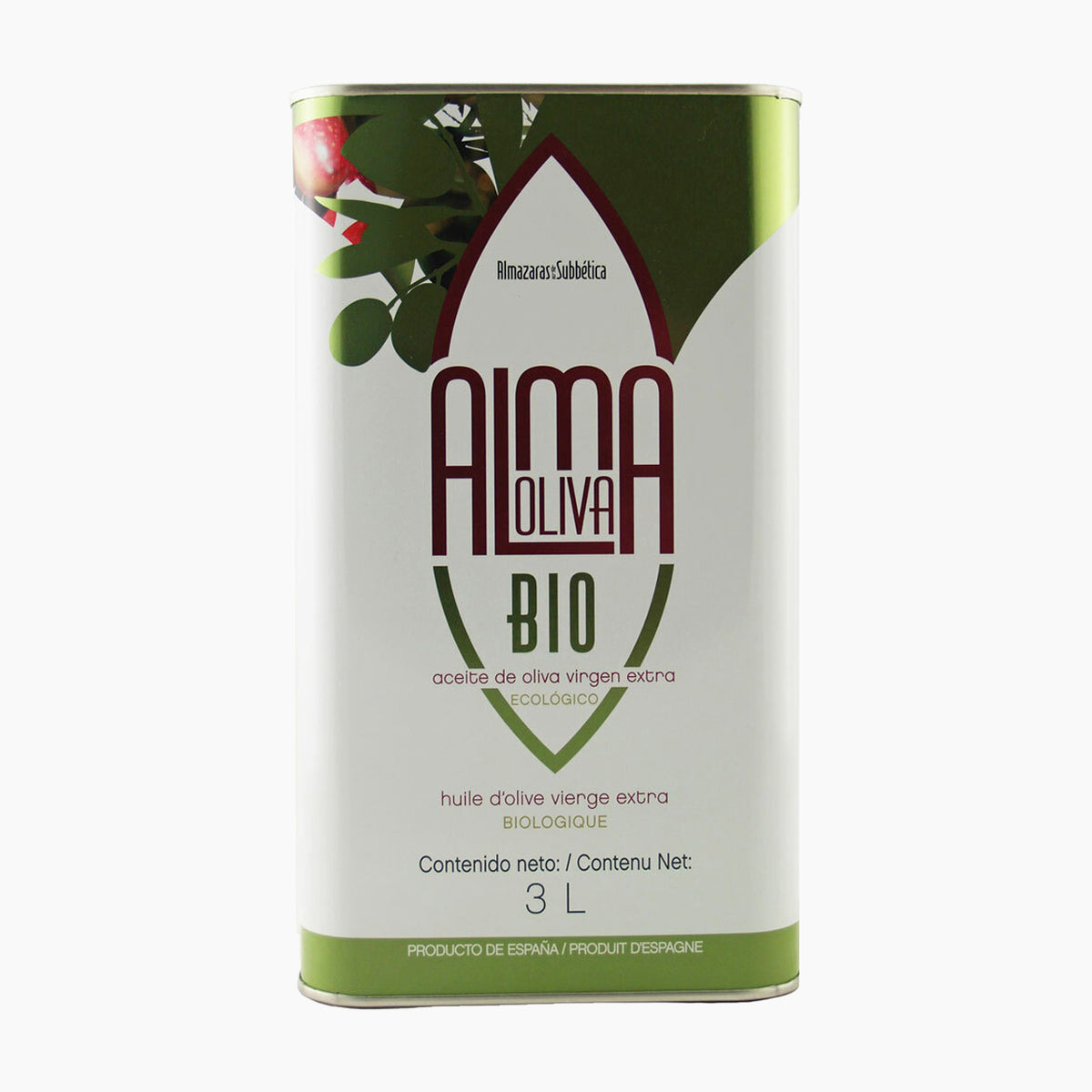 A 3L Tin of Almaoliva Bio extra virgin olive oil from Andalusia, Spain.