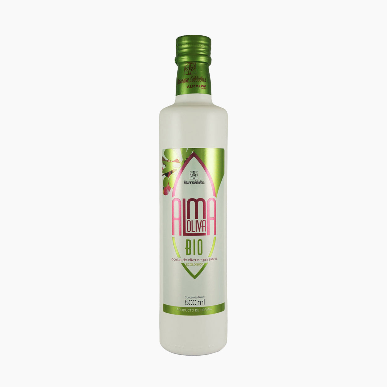 500 ml bottle of Almaoliva Bio extra virgin olive oil from Andalusia, Spain.