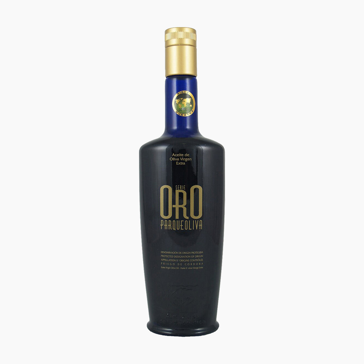 A 500 ml bottle of Parqueoliva Serie Oro extra virgin olive oil from Andalusia, Spain.