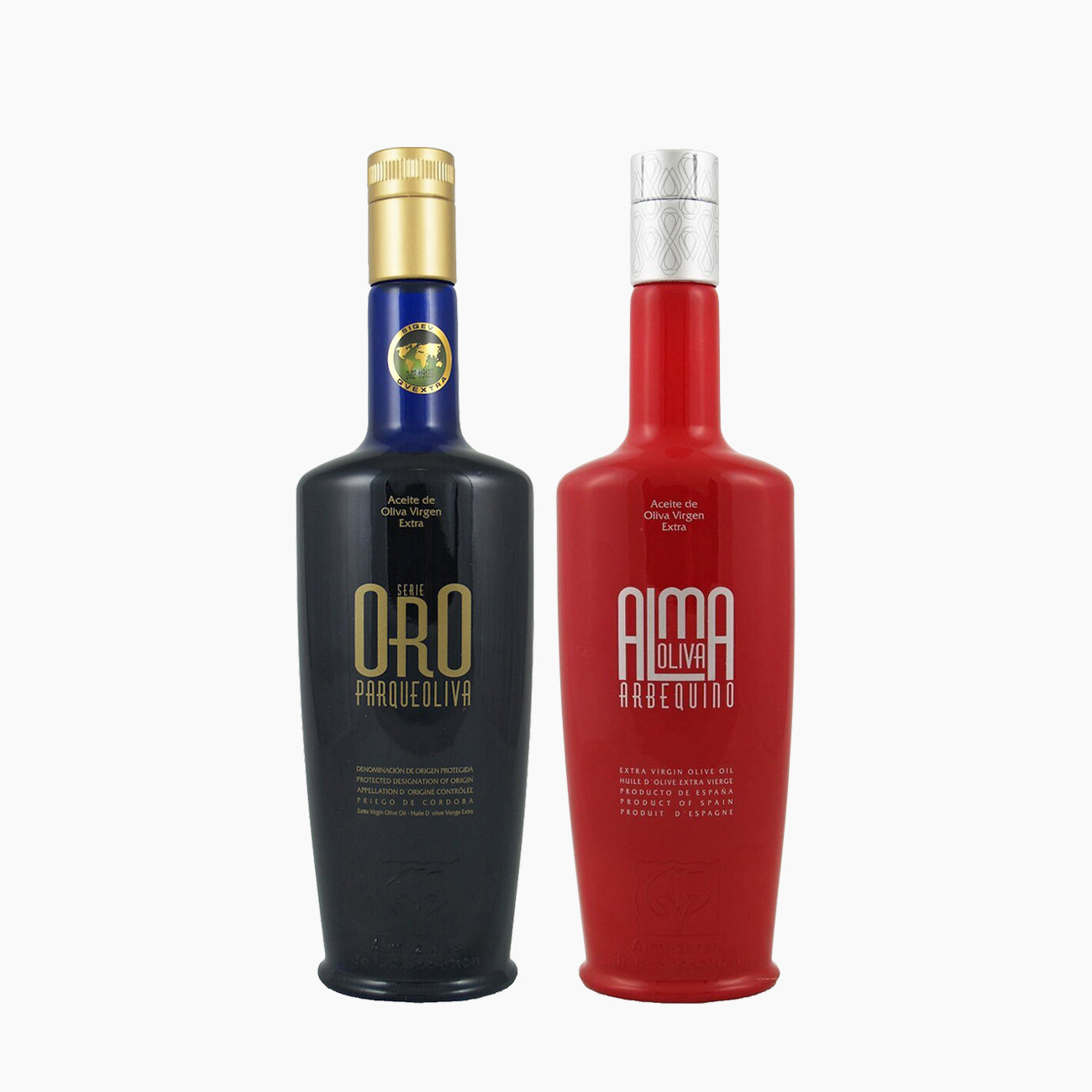 Two 500 ml olive oil bottles from Almazaras de la Subbetica; Parqueoliva Serie Oro, and Almaoliva Arbequina.