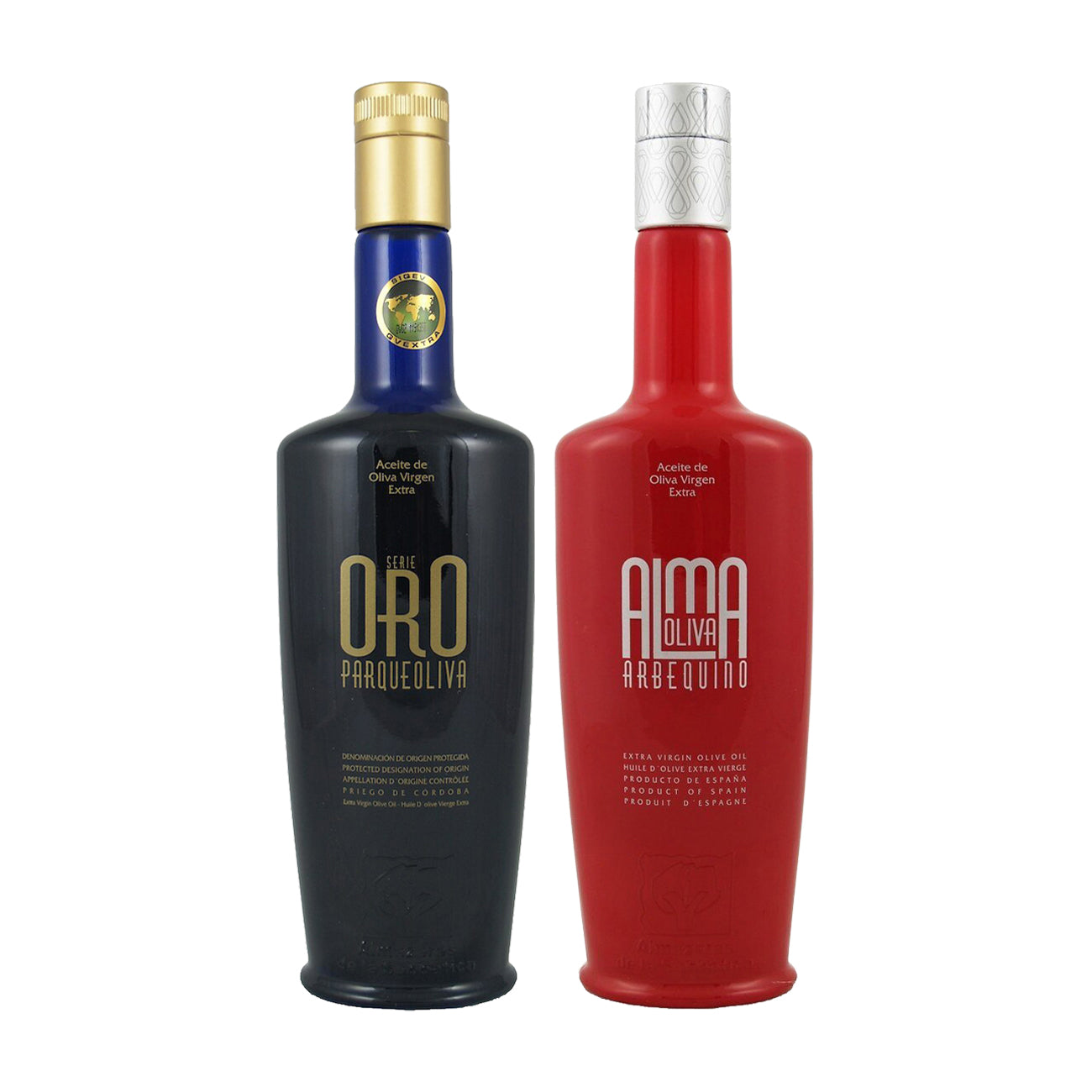 Two 500 ml olive oil bottles from Almazaras de la Subbetica; Parqueoliva Serie Oro, and Almaoliva Arbequina.