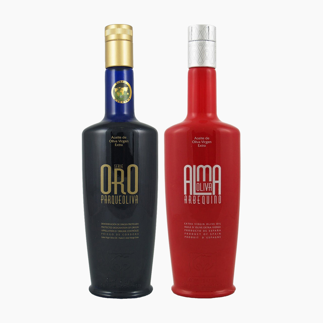 Two 500 ml olive oil bottles from Almazaras de la Subbetica; Parqueoliva Serie Oro, and Almaoliva Arbequina.