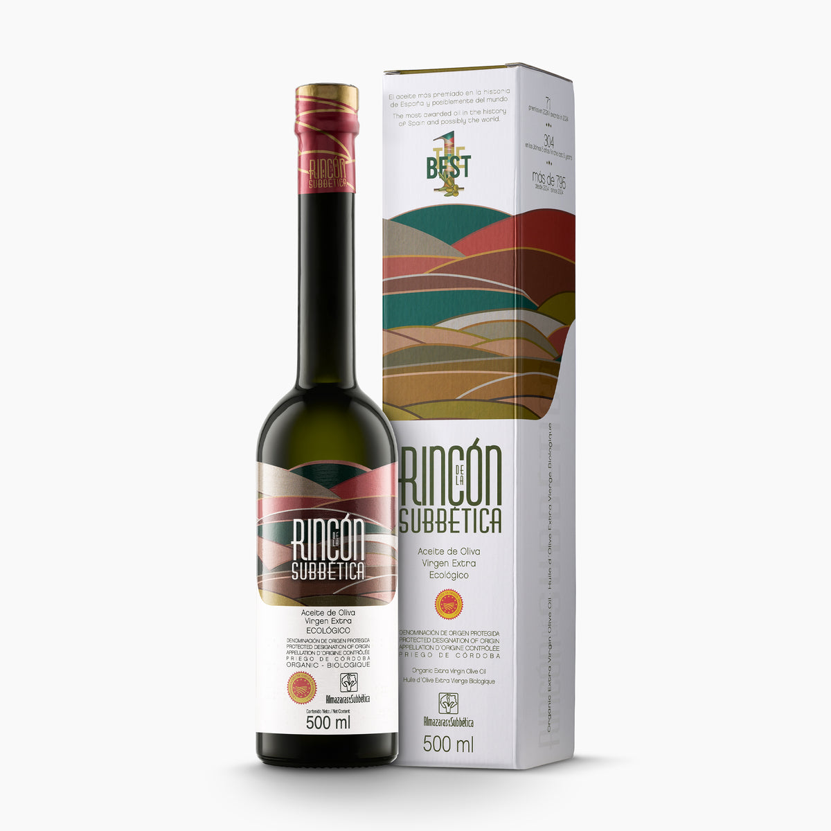 Rincón de la Subbética 500 ml organic extra virgin olive oil bottle with a gift box.