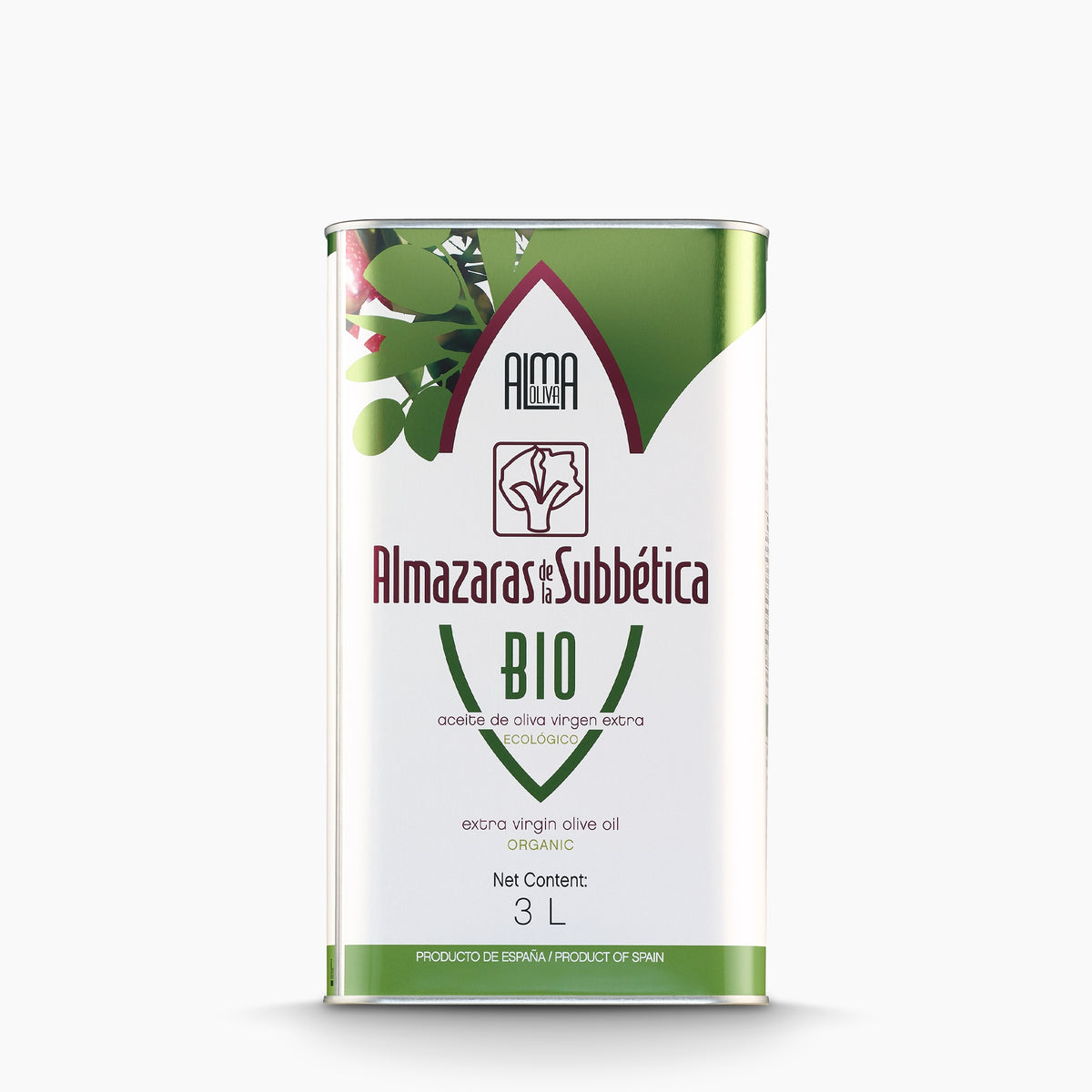A 3L Tin of Almaoliva Bio extra virgin olive oil from Andalusia, Spain.