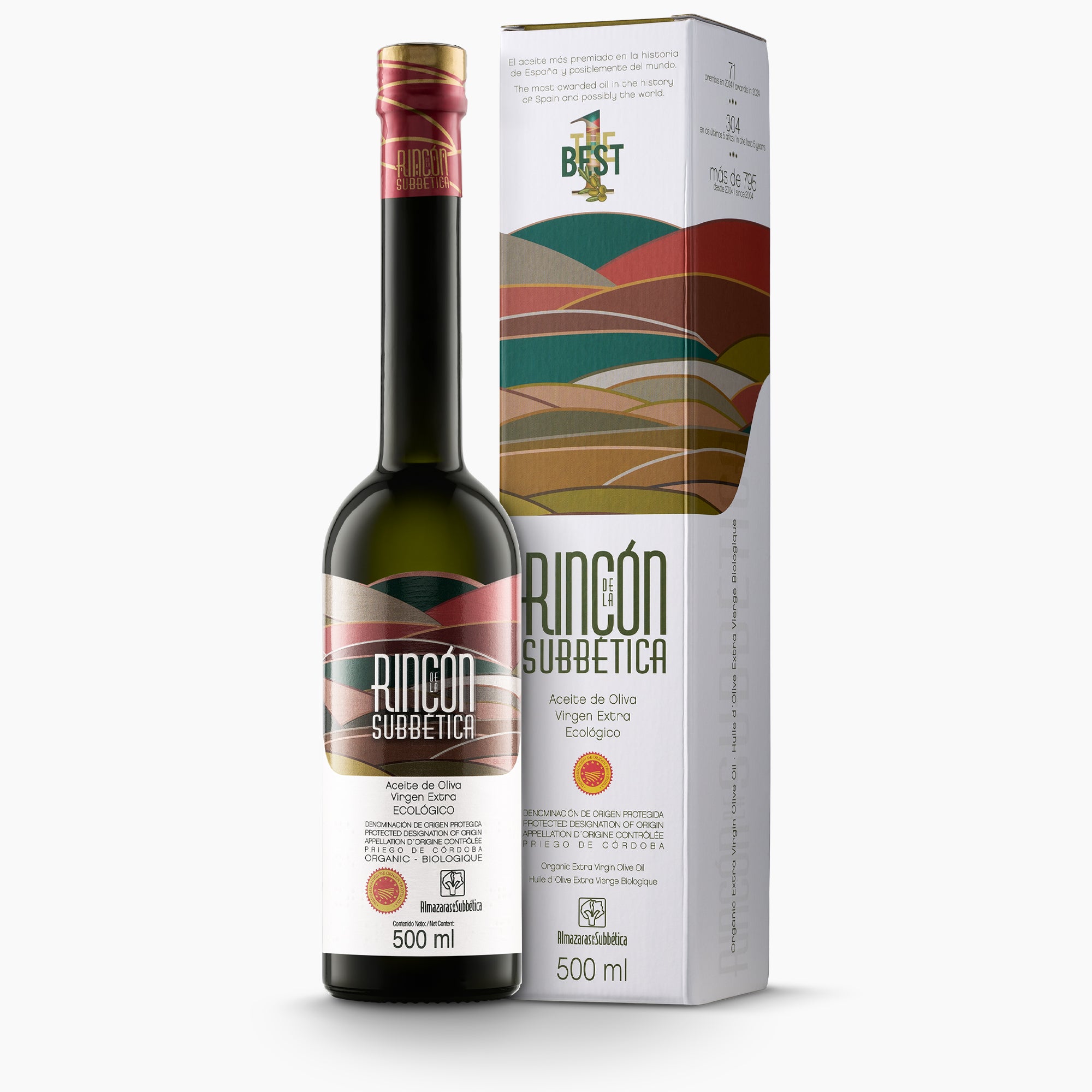 Rincón de la Subbética 500 ml organic extra virgin olive oil bottle with a gift box.