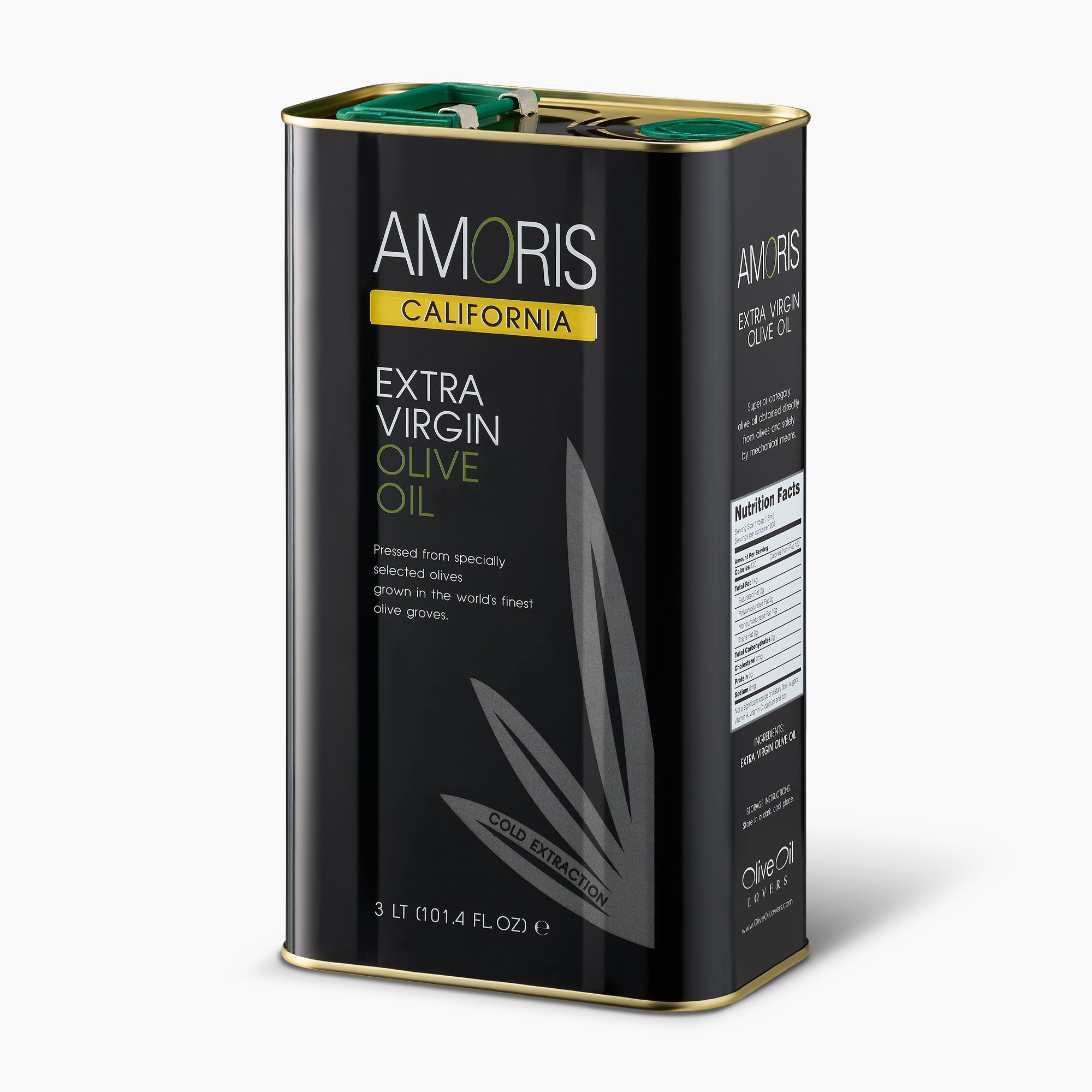 Angled view of Amoris California 3L Tin extra virgin olive oil from California, United States.