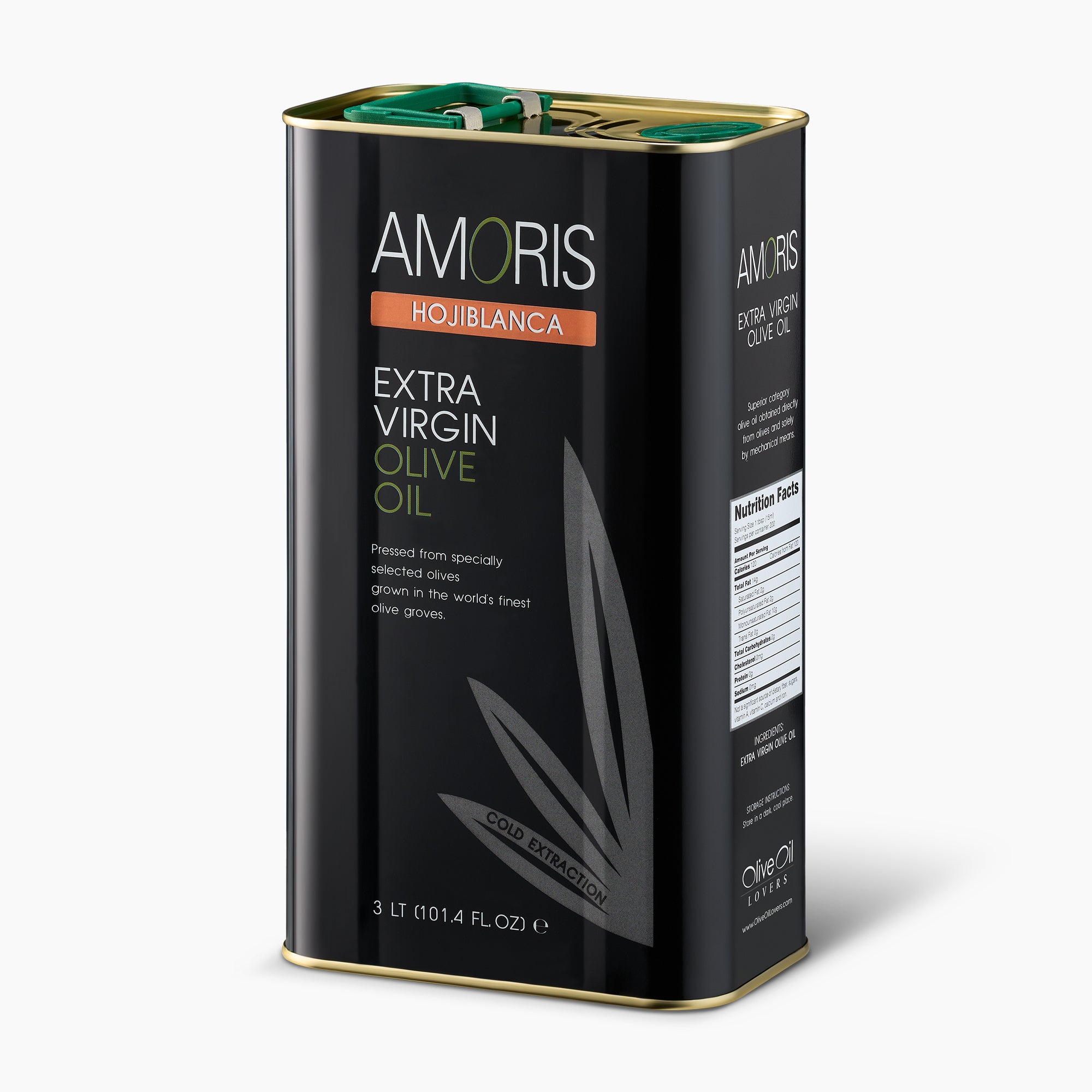 Angled view of Amoris Hojiblanca 3L Tin extra virgin olive oil from Andalusia, Spain.