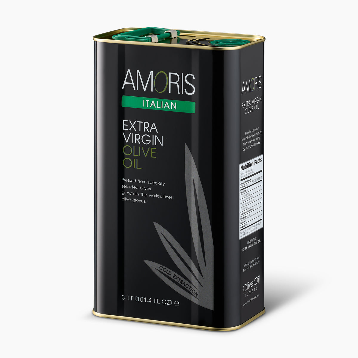 Angled view of Amoris Italian 3L Tin extra virgin olive oil.