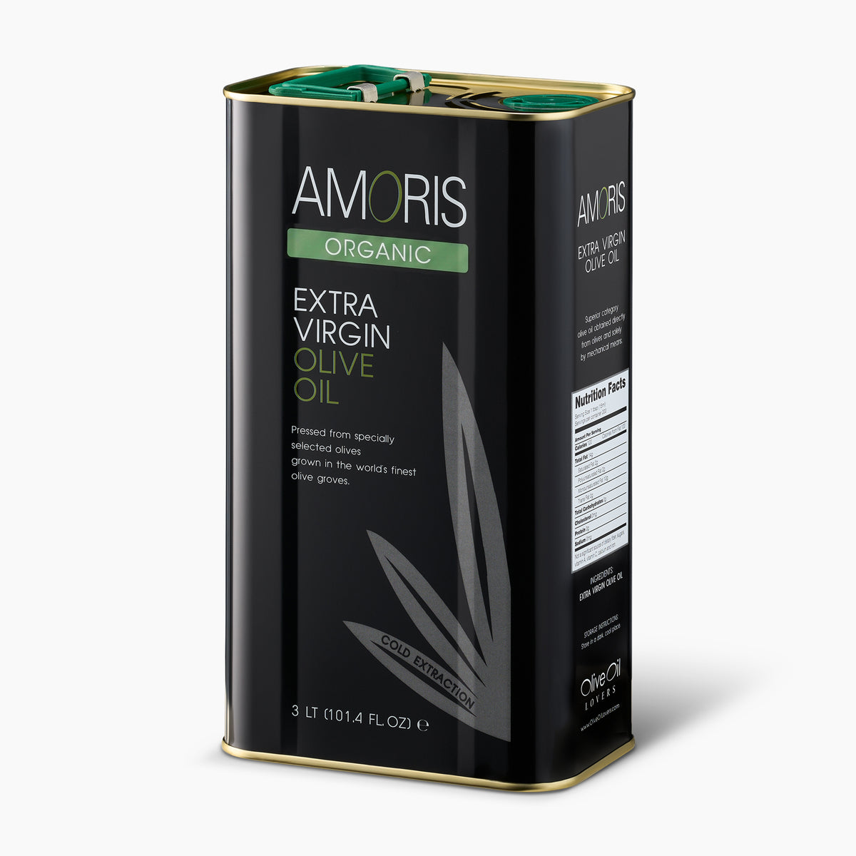 Angled view of Amoris Organic 3L Tin extra virgin olive oil, from Crete, Greece.