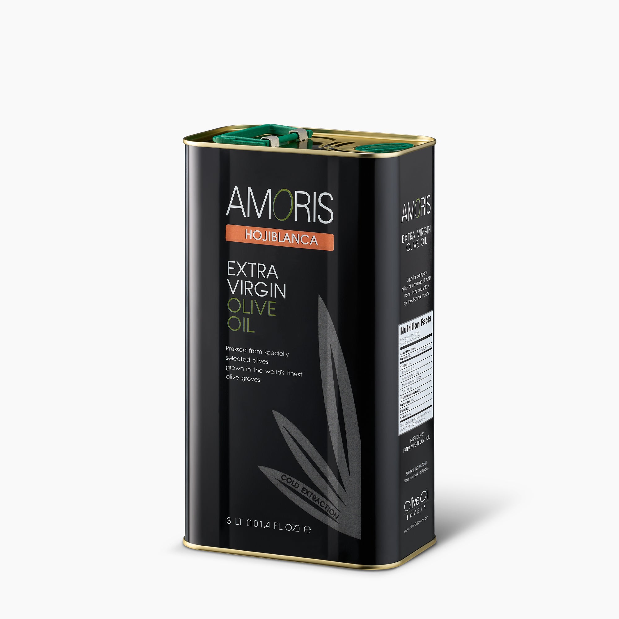 Angled view of Amoris Hojiblanca 3L Tin extra virgin olive oil from Andalusia, Spain.