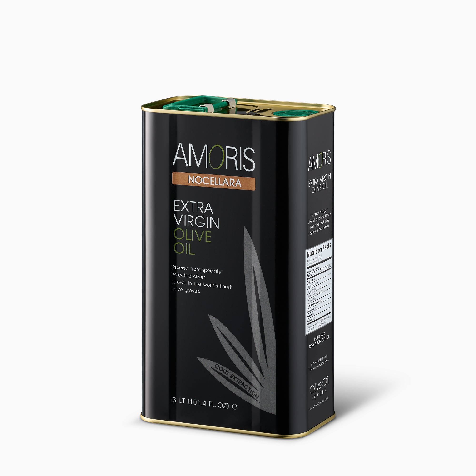 Angled view of Amoris Nocellara 3L Tin extra virgin olive oil from Sicily, Italy.