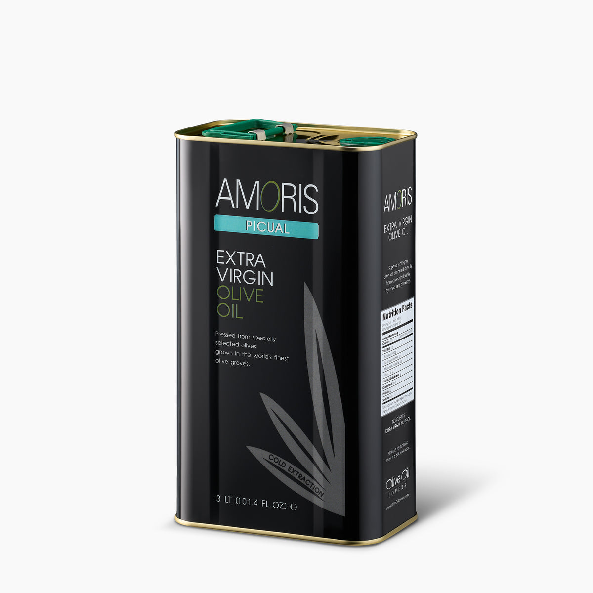 Angled view of Amoris Picual 3L Tin extra virgin olive oil from Andalusia, Spain.