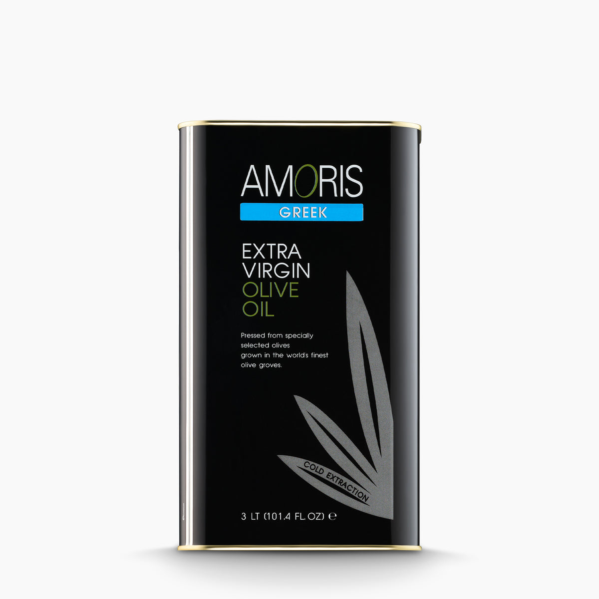 A 3L Tin of Amoris Greek extra virgin olive oil from Crete, Greece.