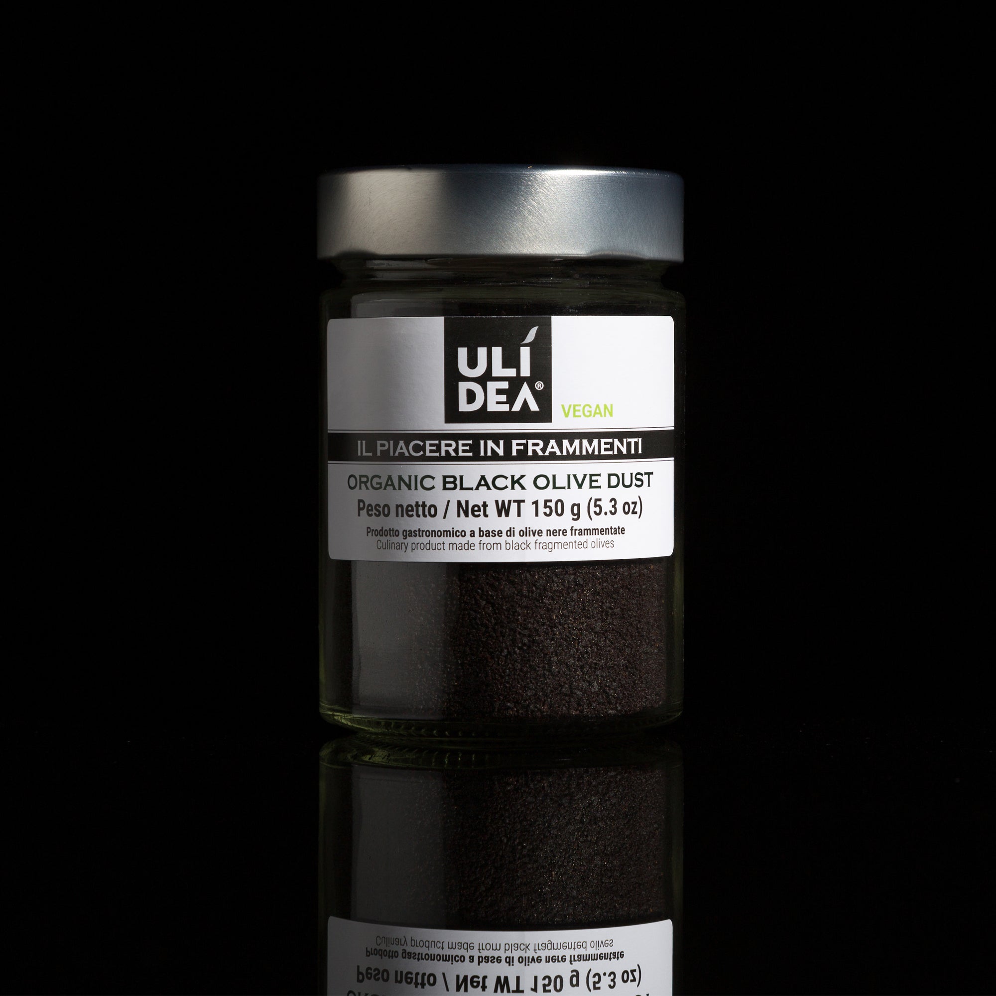 Vew of ULIDEA Organic Black Olive Dust 150g jar.
