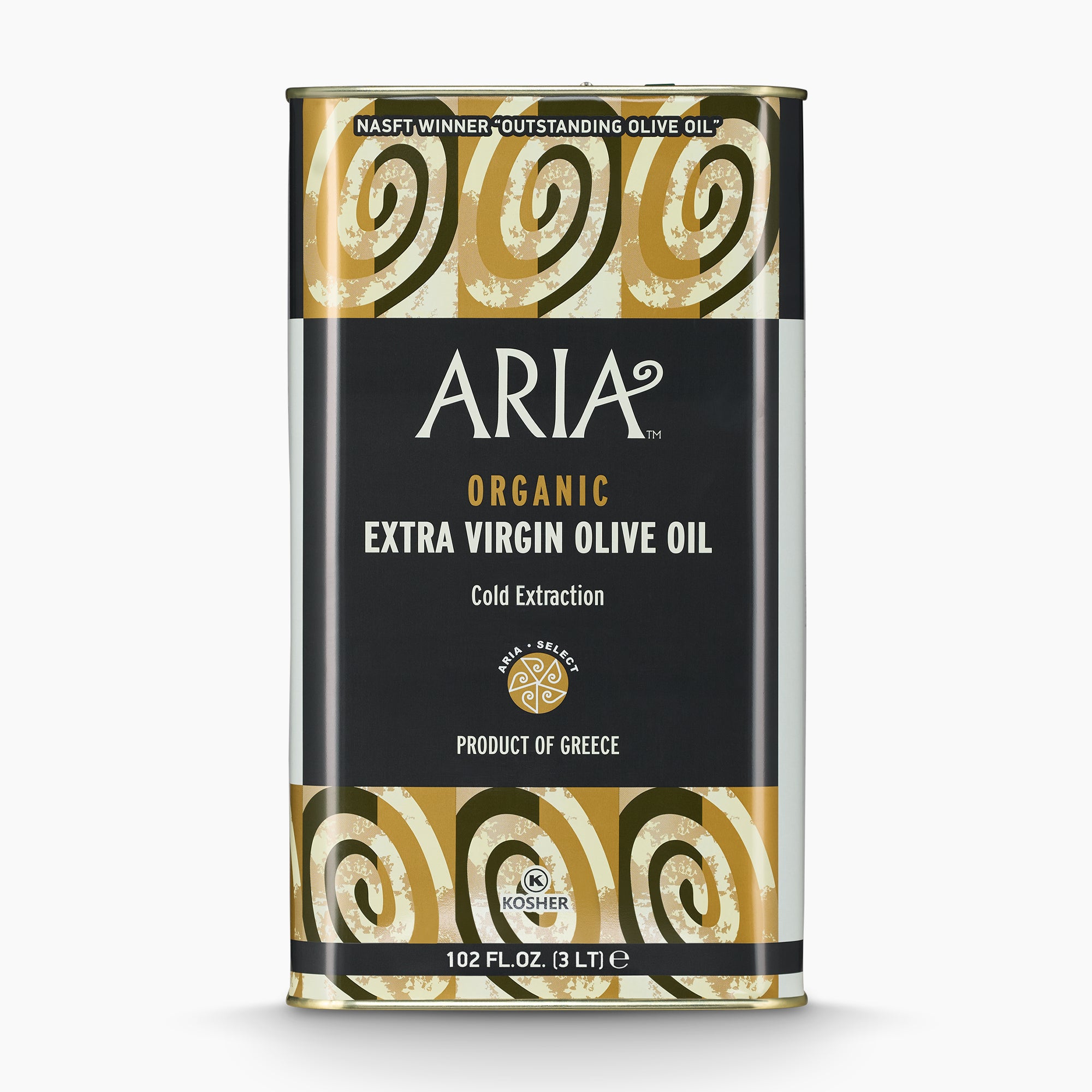 A 3L Tin of Aria Organic extra virgin olive oil from Crete, Greece.