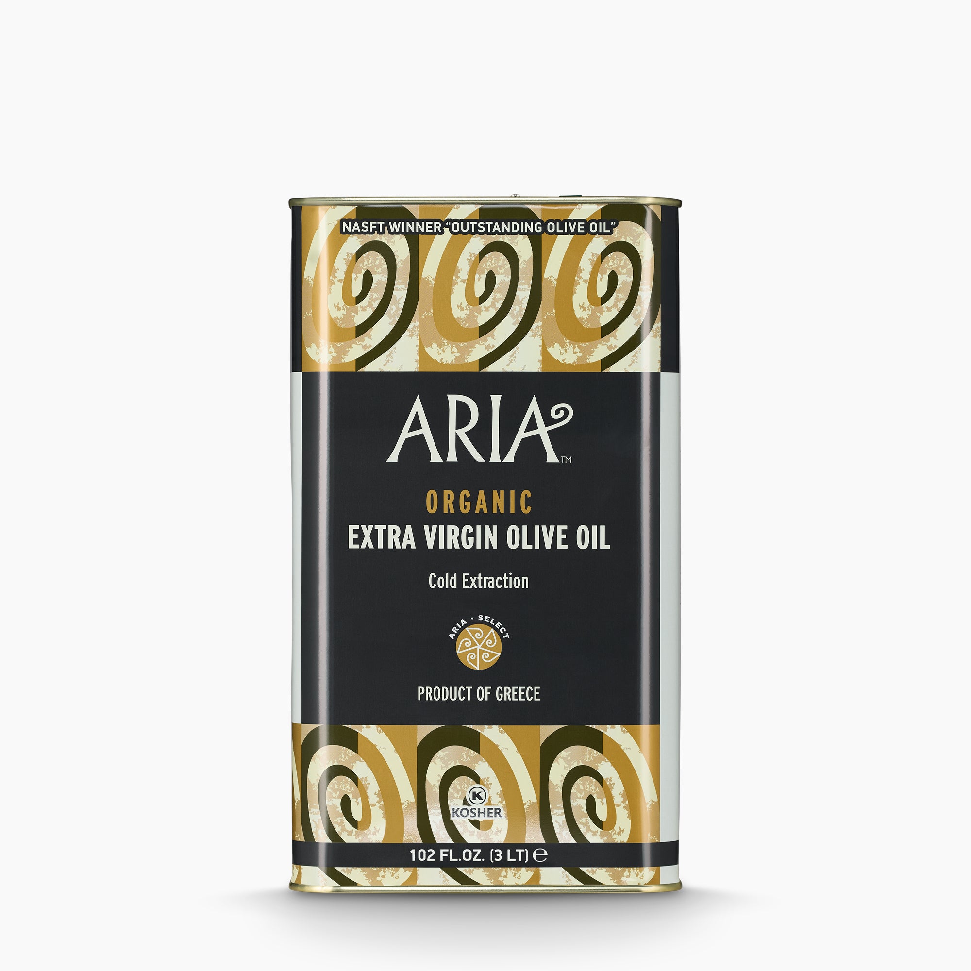 A 3L Tin of Aria Organic extra virgin olive oil from Crete, Greece.