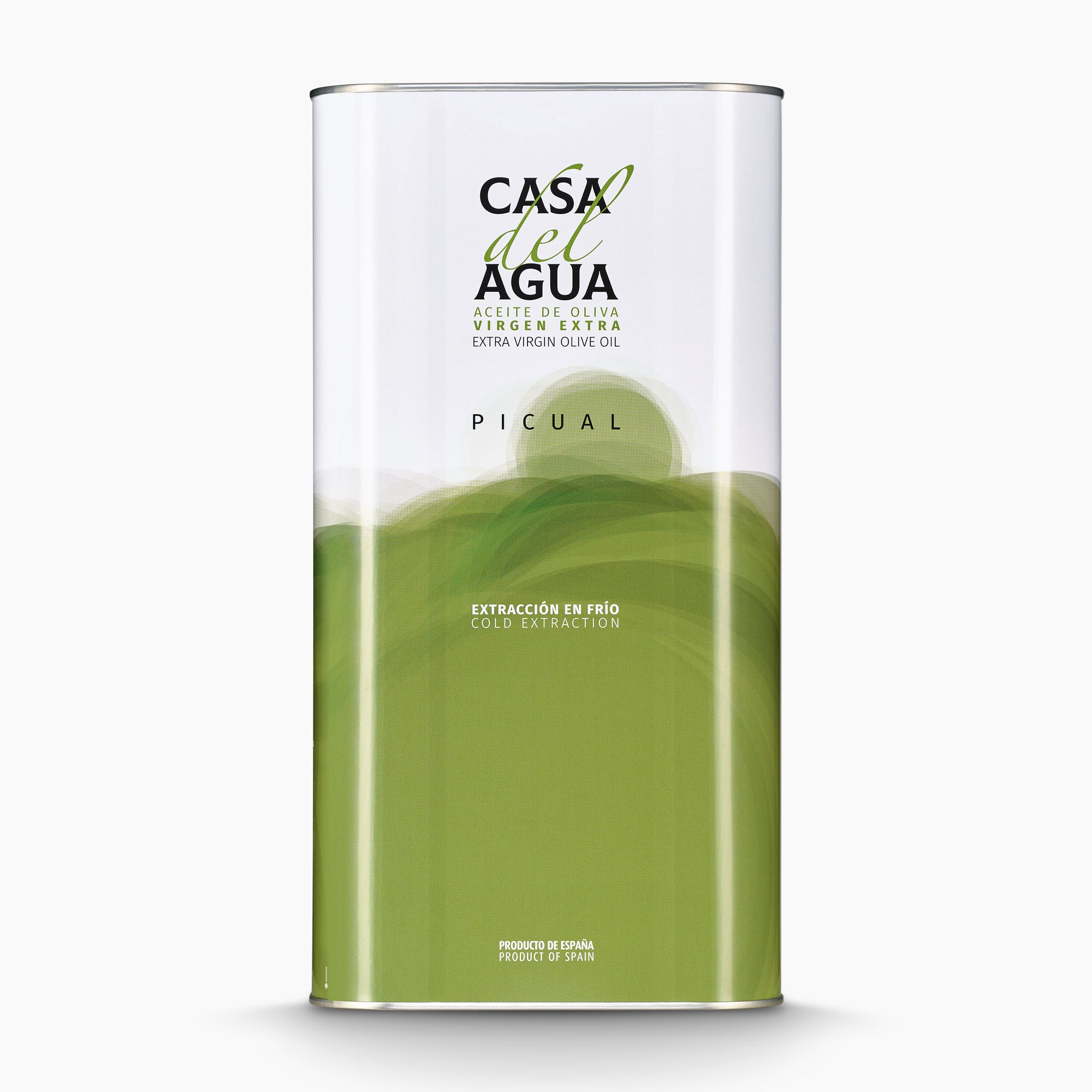 A 5L Tin of Casa del Agua Picual extra virgin olive oil from Andalusia, Spain.