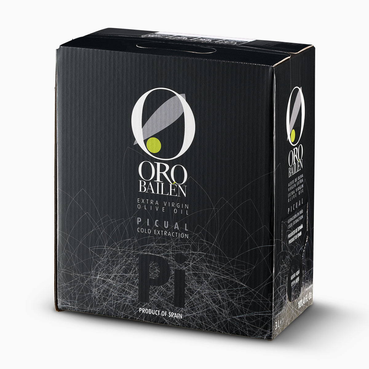 Angled view of Oro Bailen Reserva Familiar Picual 3L bag-in-box from Andalusia, Spain.