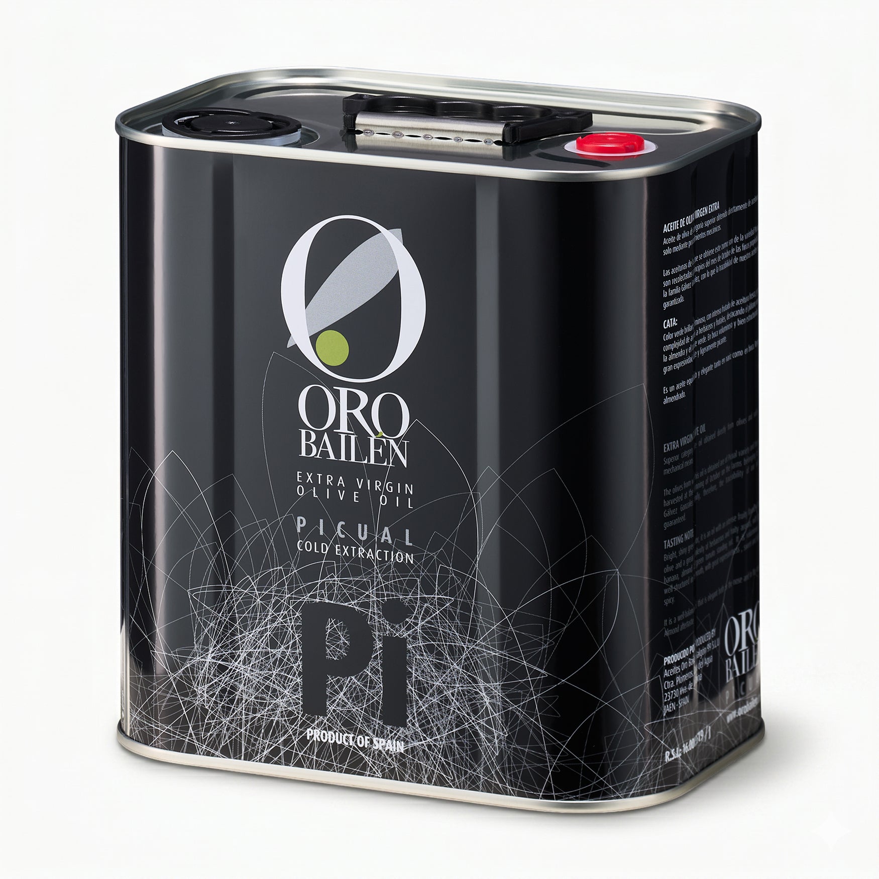 Angled view of Oro Bailen Reserva Familiar Picual 2.5L Tin.