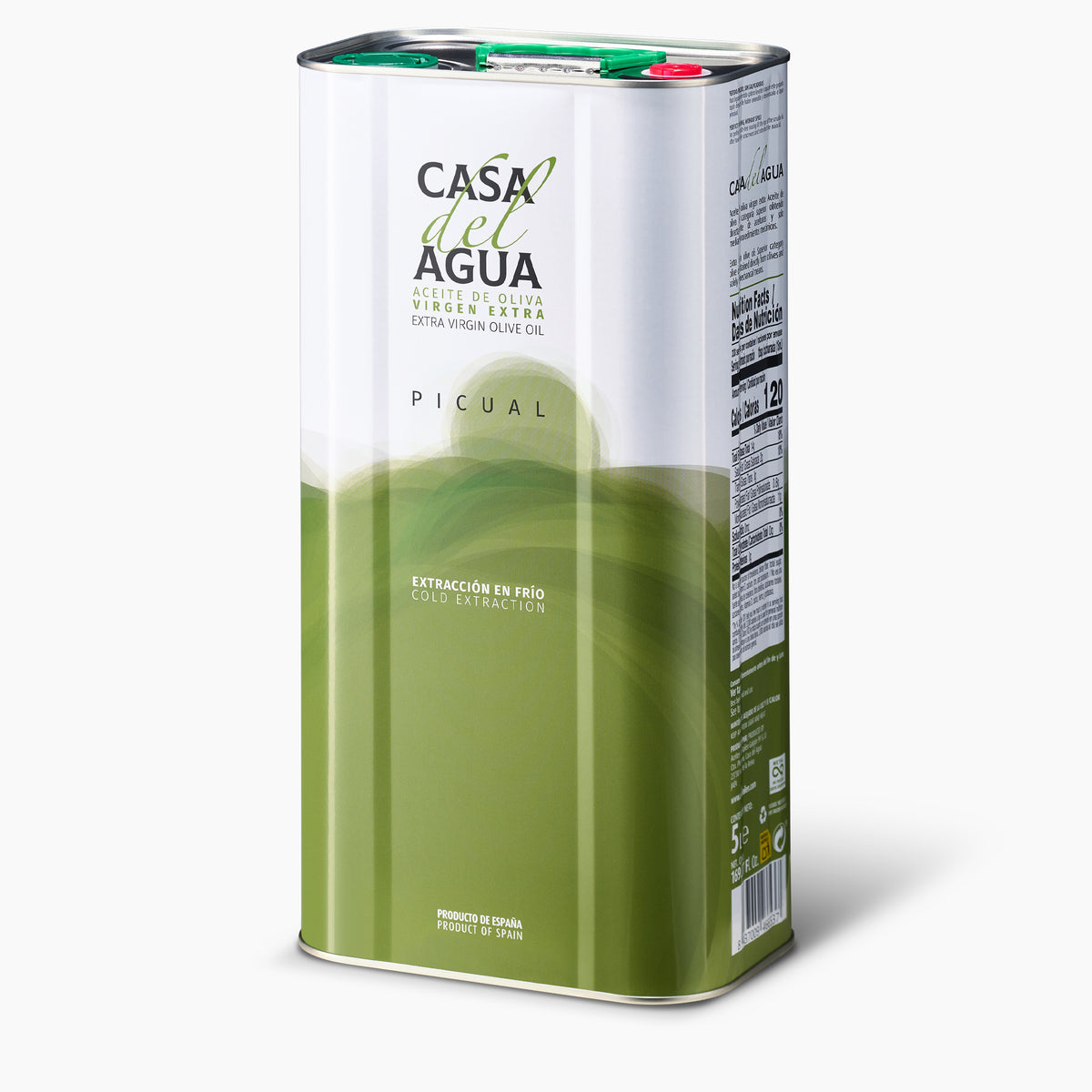 Angled view of Casa del Agua Picual 5L Tin extra virgin olive oil from Spain.