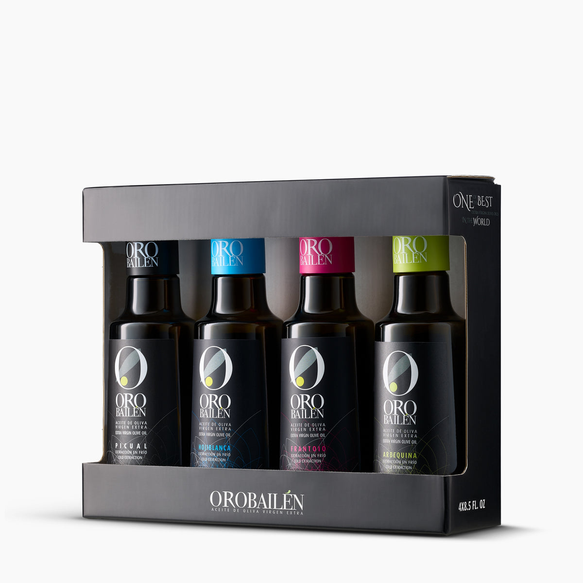Oro Bailen Reserva Familiar Monocultivar Gift Set with four 250 ml bottles of extra virgin olive oil.