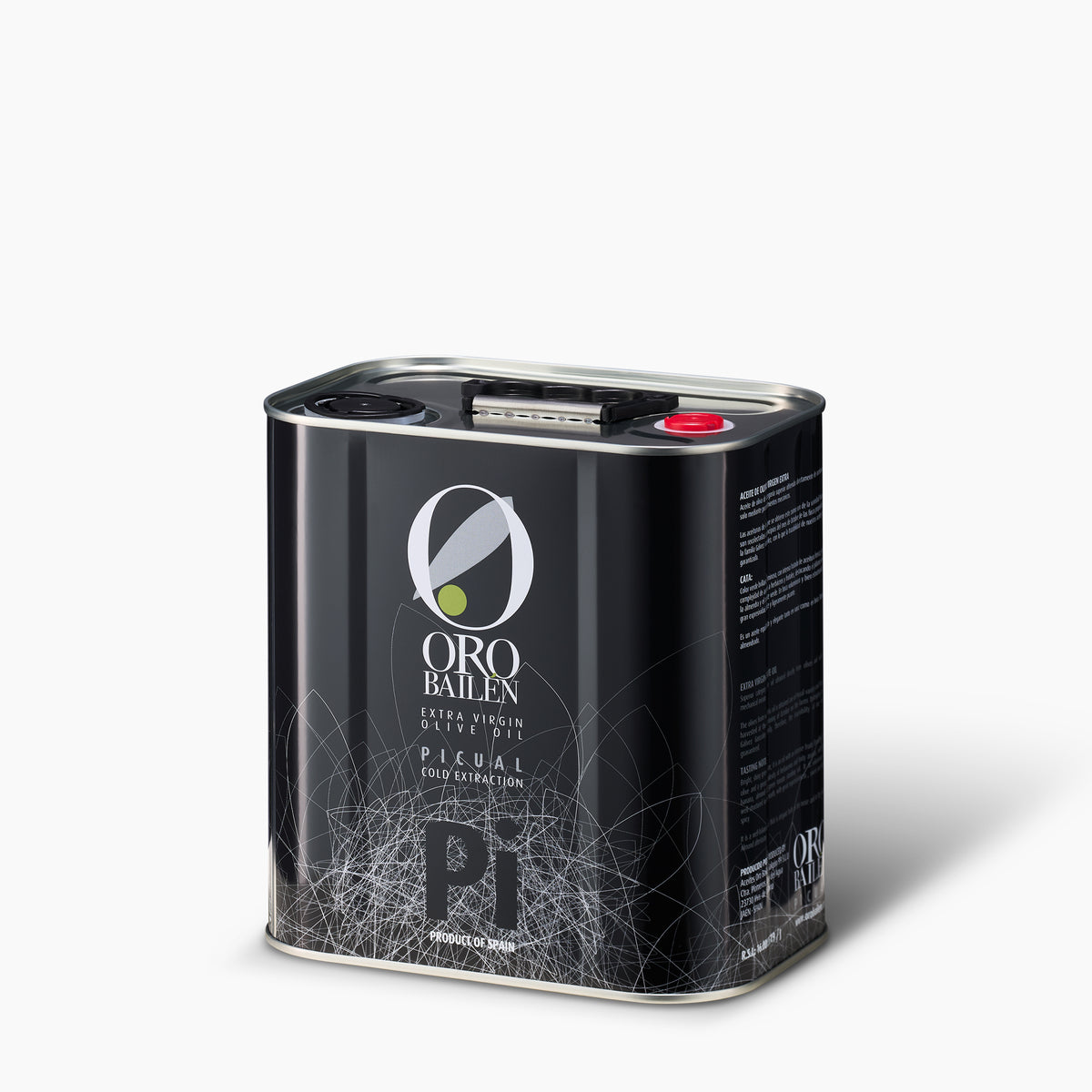 Angled view of Oro Bailen Reserva Familiar Picual 2.5L Tin.