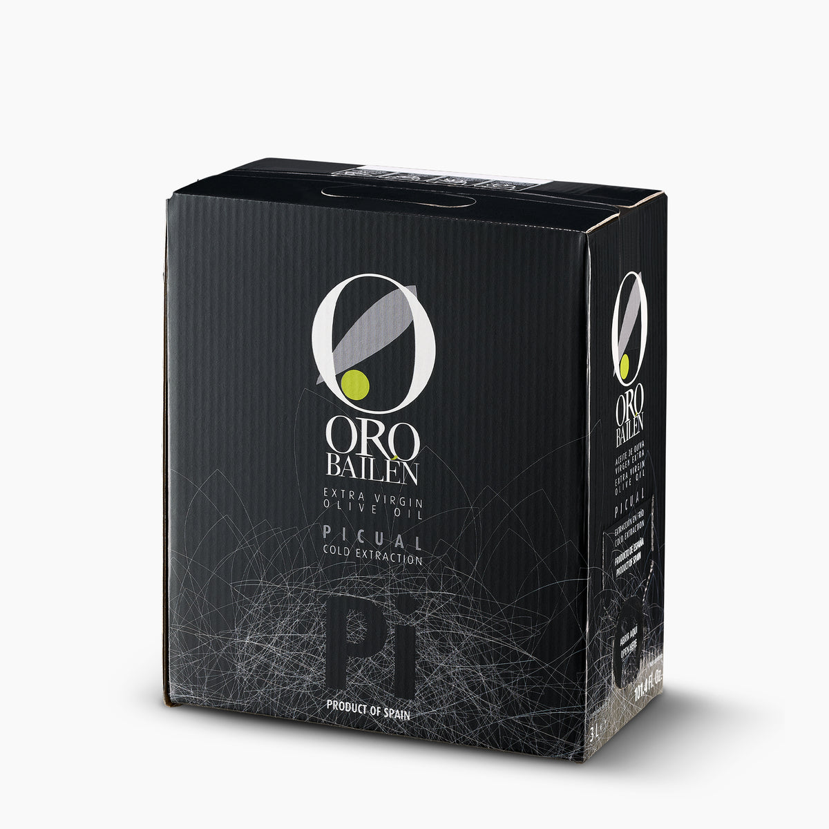 Angled view of Oro Bailen Reserva Familiar Picual 3L bag-in-box from Andalusia, Spain.