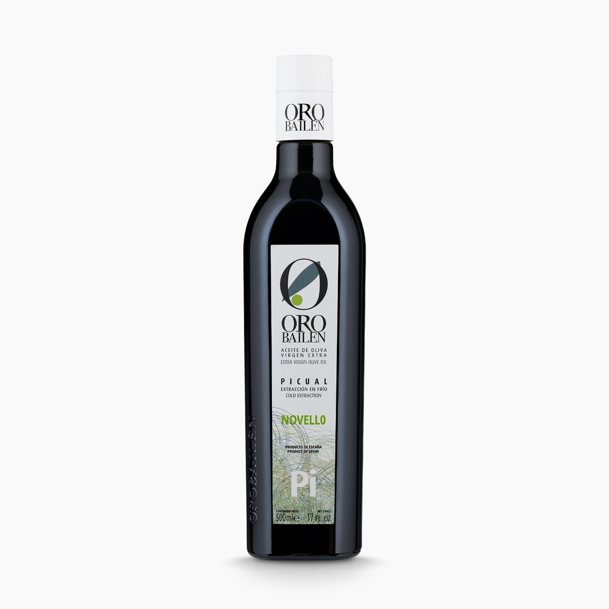 500 ml bottle of Oro Bailen Picual Novello extra virgin olive oil, from Andalusia, Spain.