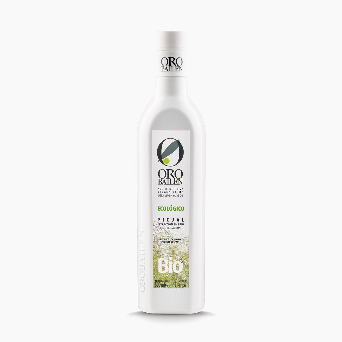 500 ml bottle of Oro Bailen Picual Organic extra virgin olive oil from Andalusia, Spain.