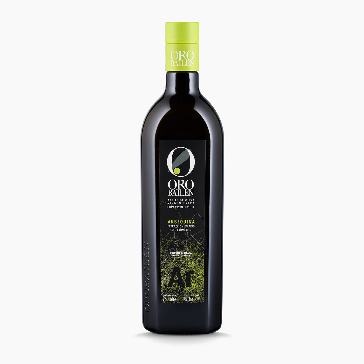 A 750ml bottle of Oro Bailen Reserva Familiar Arbequina extra virgin olive oil.