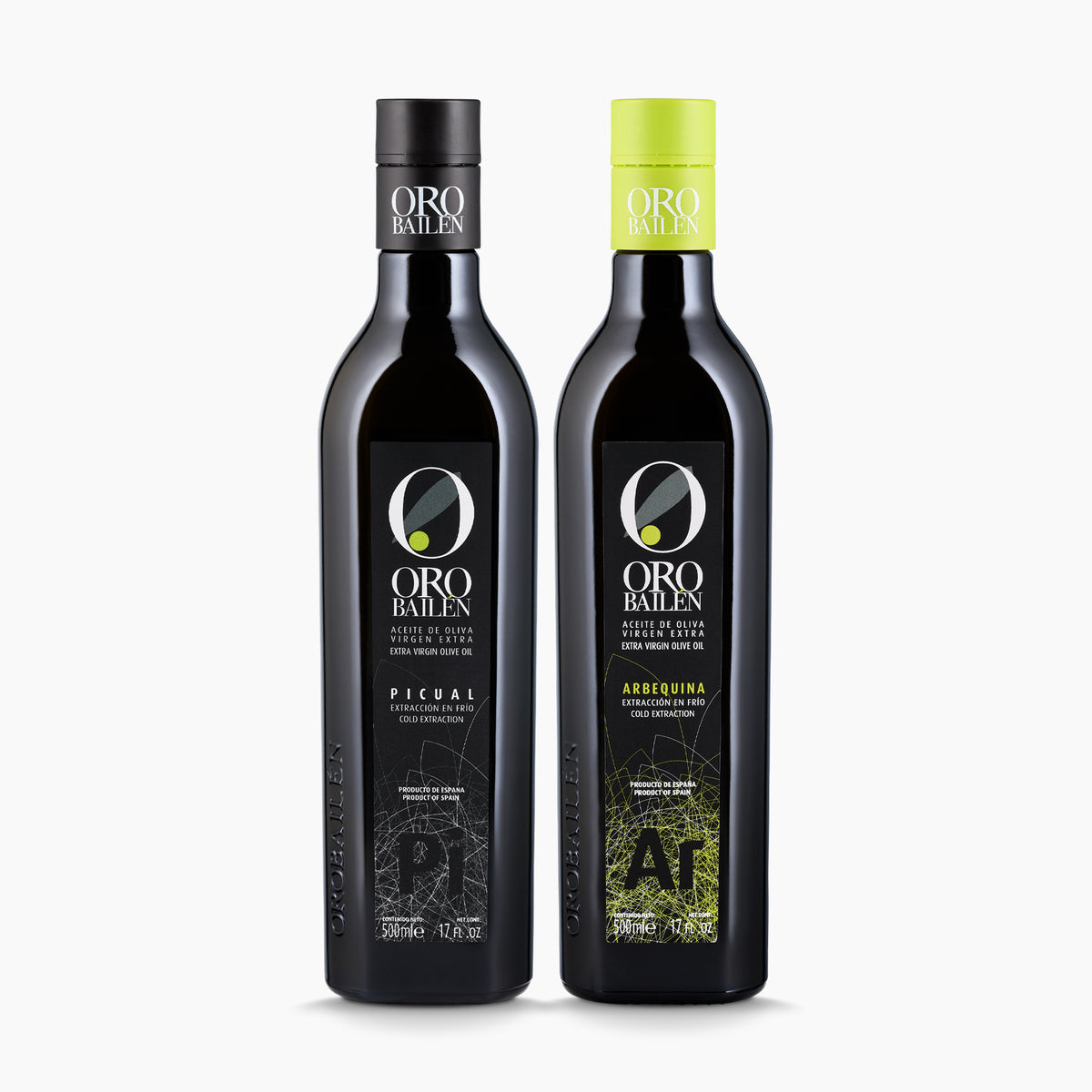 Two 500 ml bottles of Oro Bailen Reserva Familiar; Picual, and Arbequina.