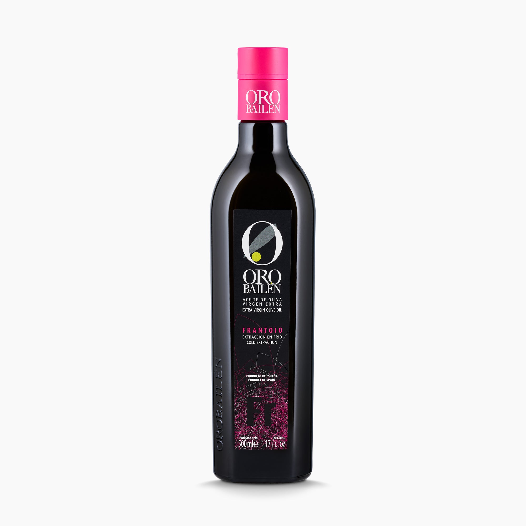 500 ml bottle of Oro Bailen Reserva Familiar Frantoio extra virgin olive oil from Andalusia, Spain.