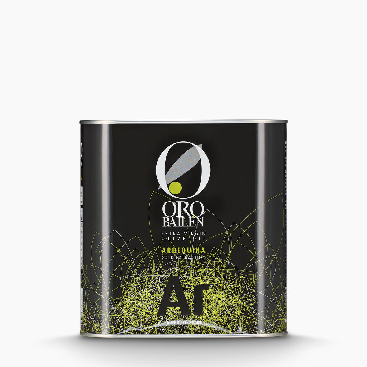 A 2.5L Tin of Oro Bailen Reserva Familiar Arbequina extra virgin olive oil from Spain.