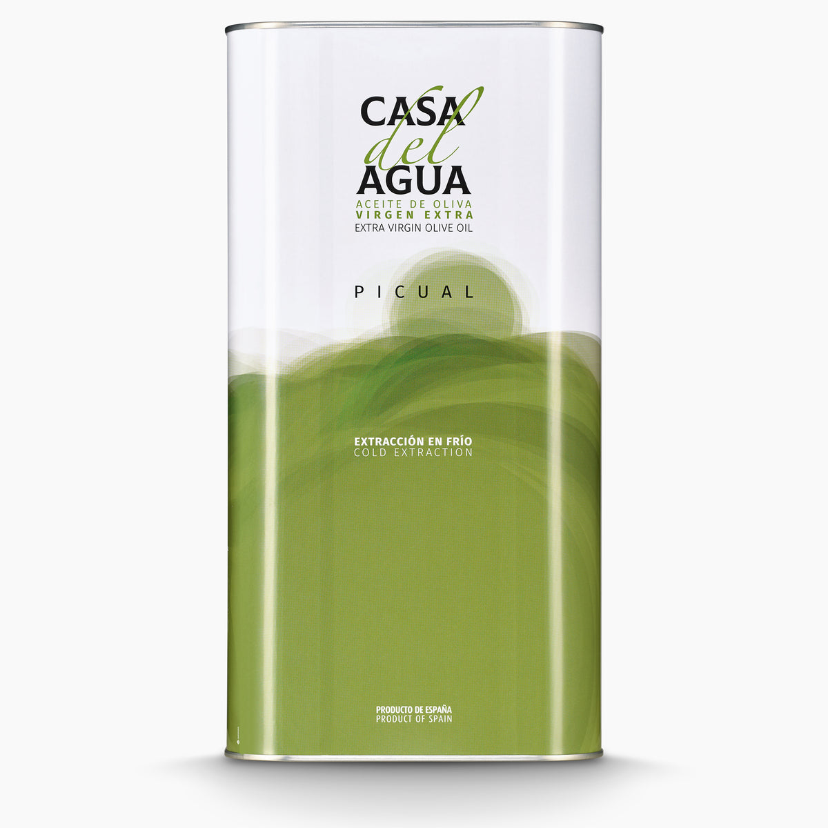 A 5L Tin of Casa del Agua Picual extra virgin olive oil from Andalusia, Spain.