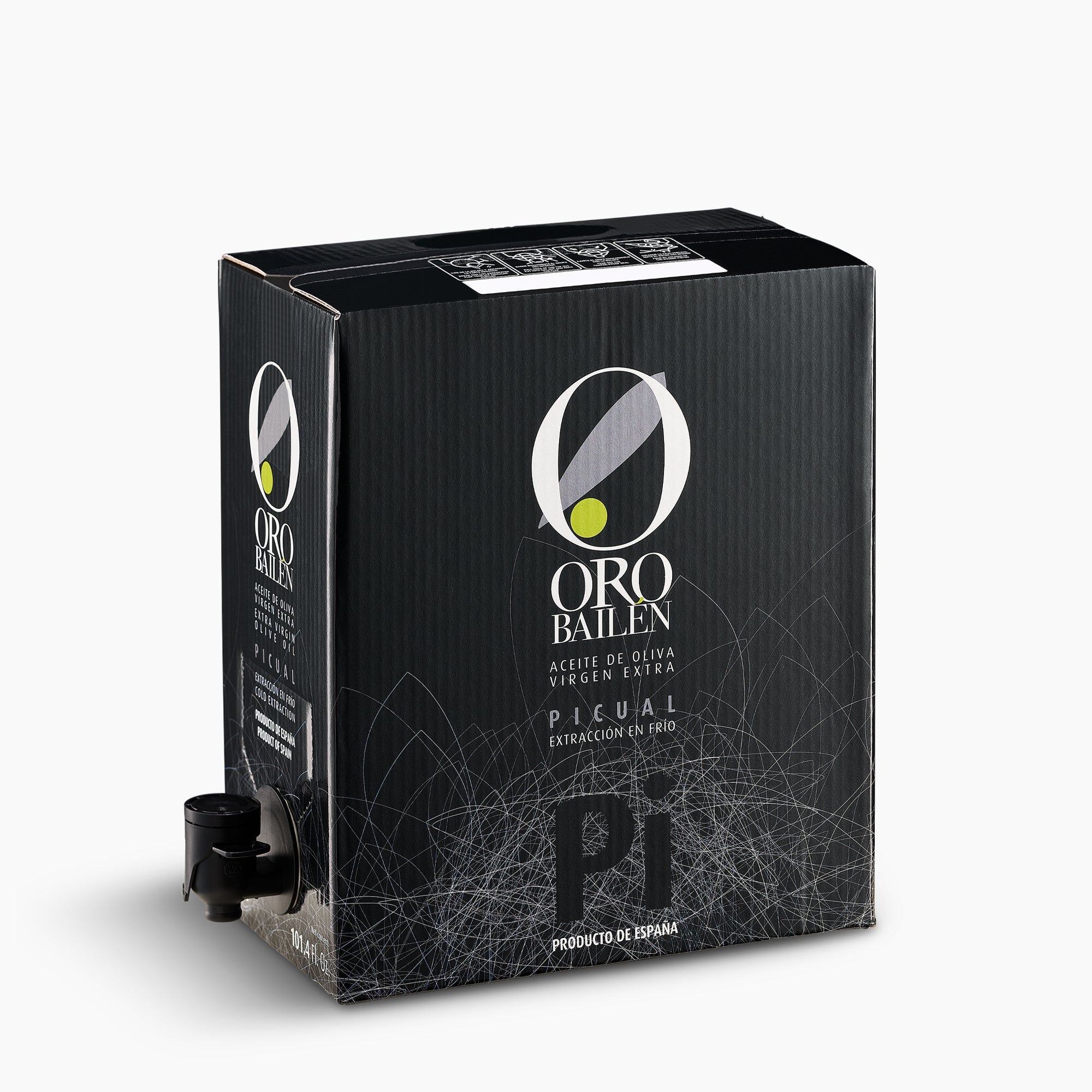 Oro Bailen Reserva Familiar Picual 3L bag-in-box with the spout extended.