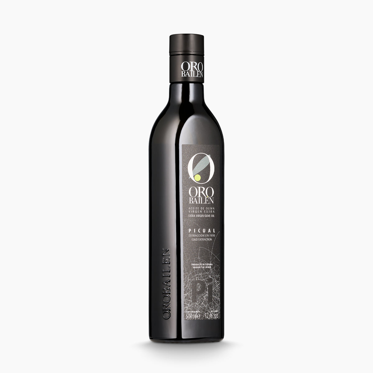 Angled view of Oro Bailen Reserva Familiar Picual extra virgin olive oil, 500ml bottle.