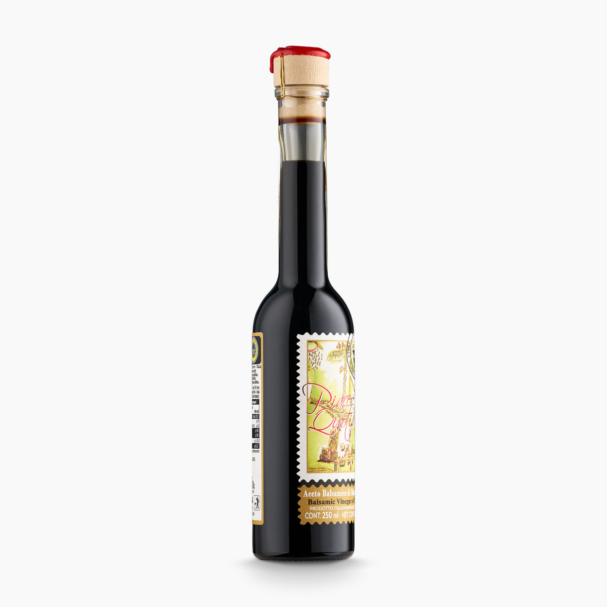 Angled view of Frantoio Bonamini IGP Balsamic Vinegar of Modena Gold Label bottle.