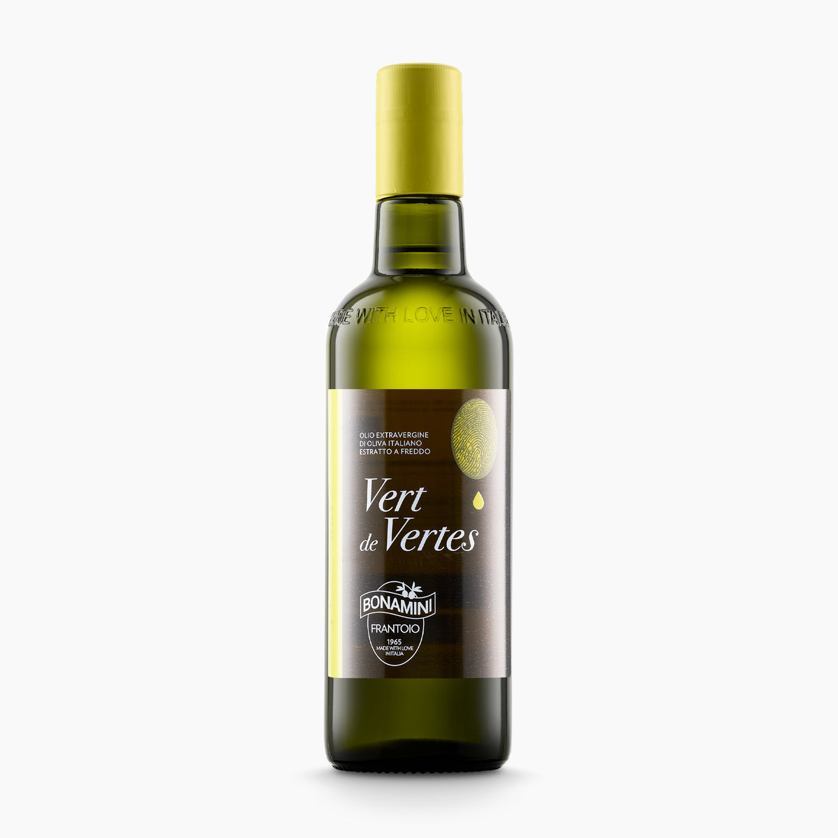 500 ml bottle of Frantoio Bonamini Vert de Vertes extra virgin olive oil from Veneto, Italy.