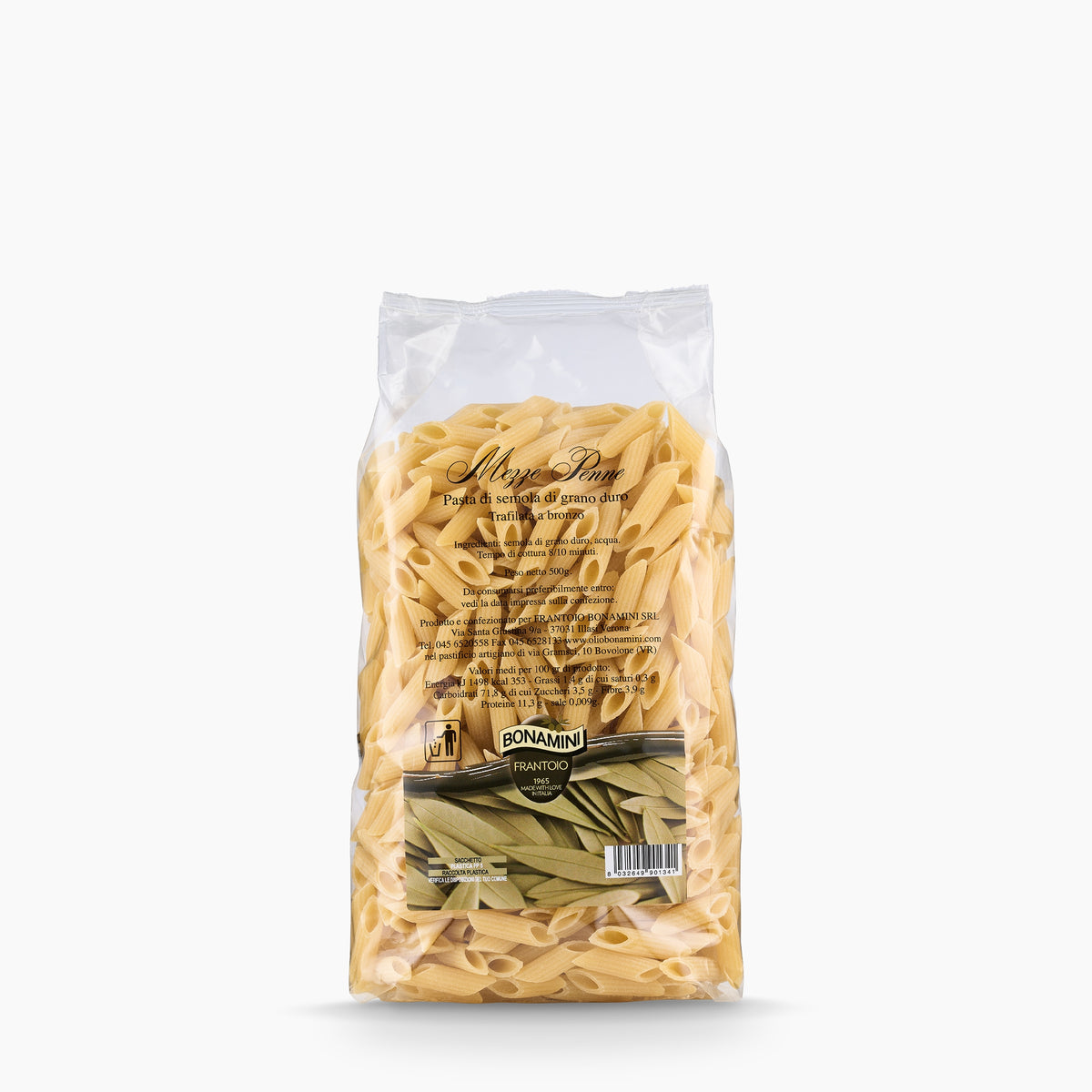 500gr bag of Frantoio Bonamini Mezze Penne from Italy.