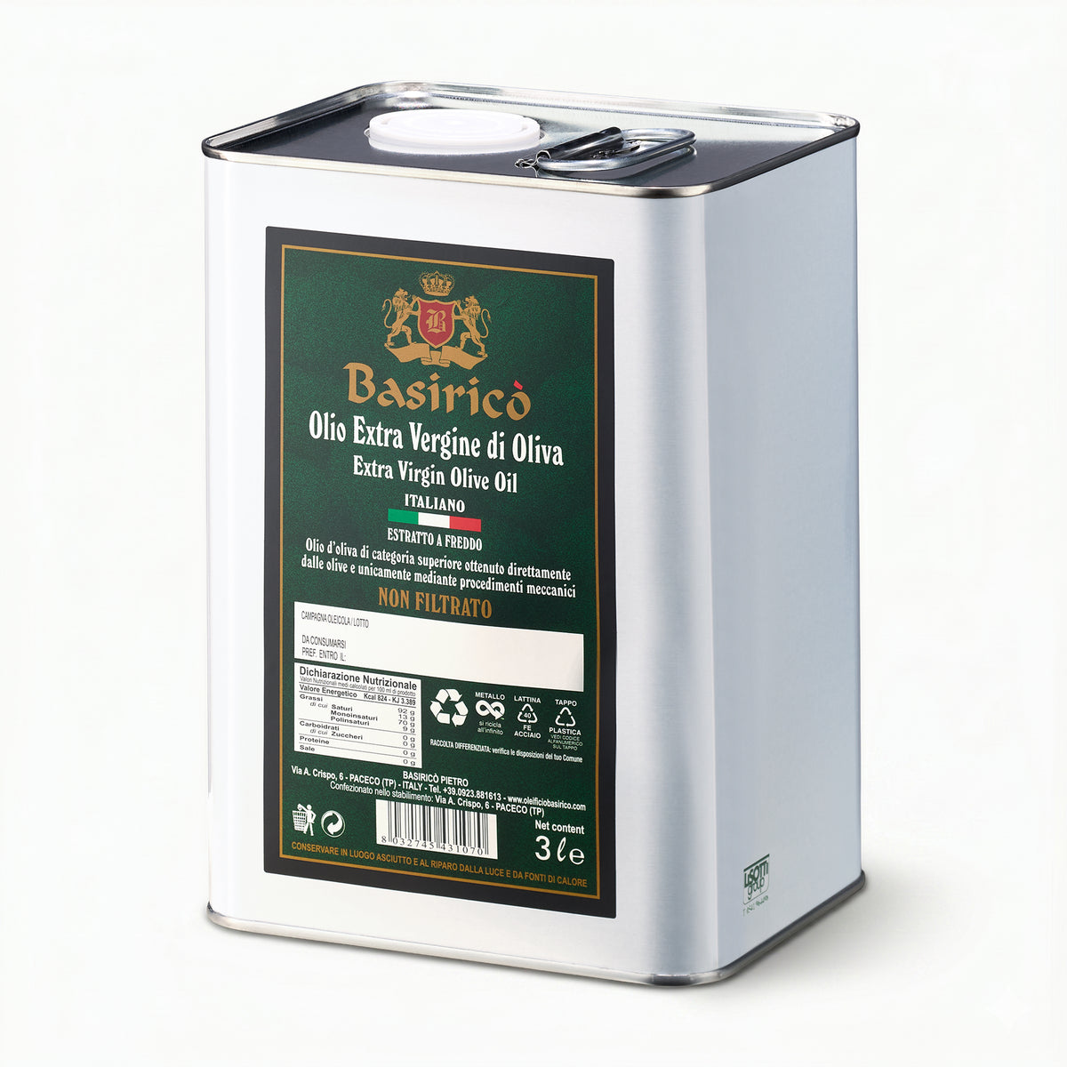 Angled view of Basirico Unfiltered 3L Tin extra virgin olive oil from Sicily, Italy.