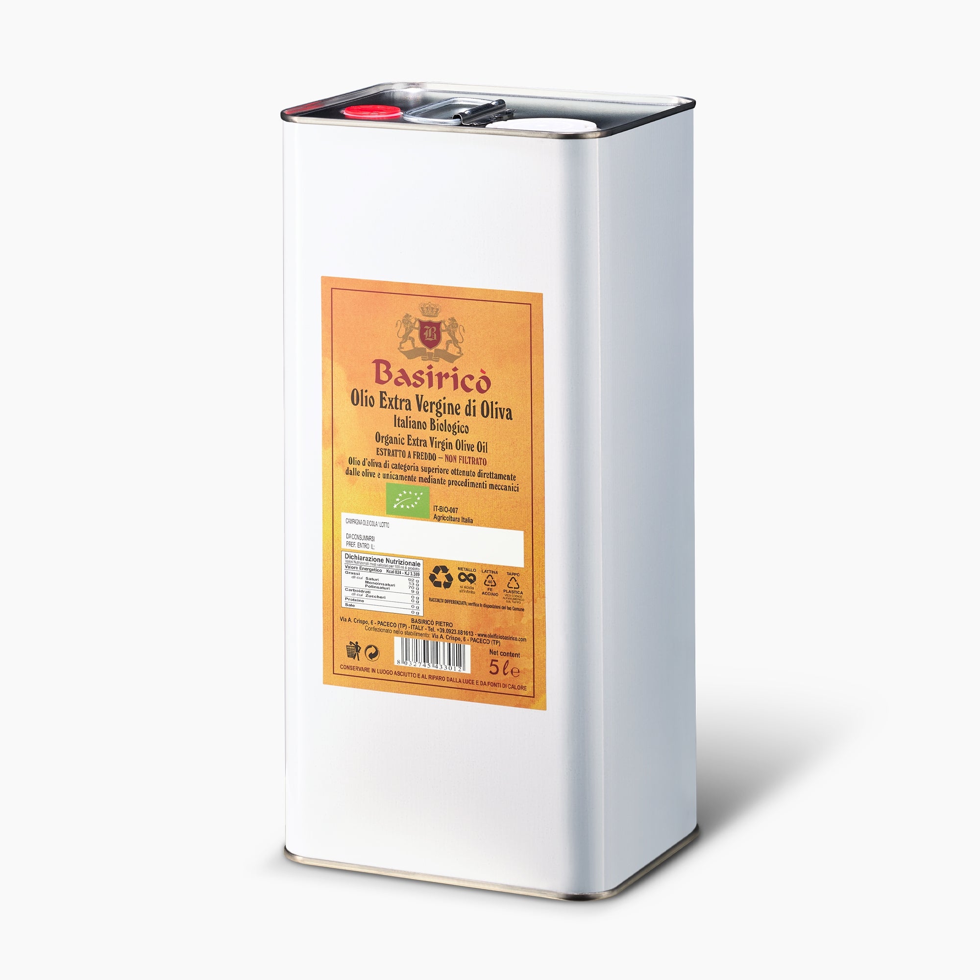Angled view of Basirico Organic Unfiltered 5L Tin extra virgin olive oil from Sicily, Italy.