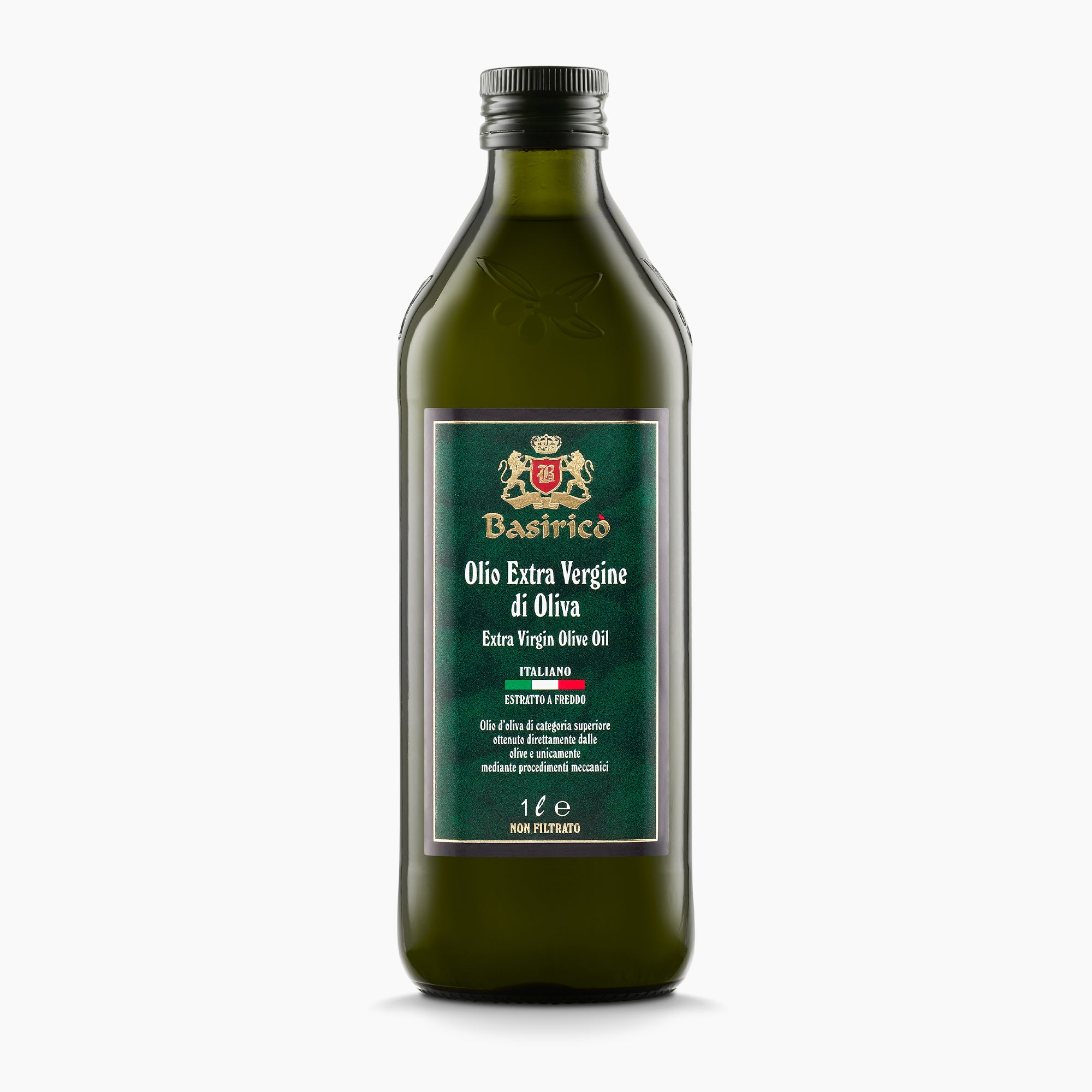 A 1L bottle of Basirico Unfiltered extra virgin olive oil from Sicily, Italy.