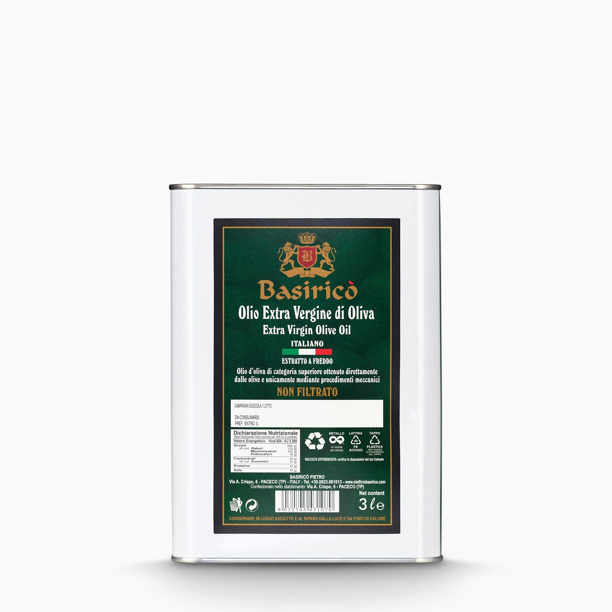 A 3L Tin of Basirico Unfiltered extra virgin olive oil from Sicily, Italy.