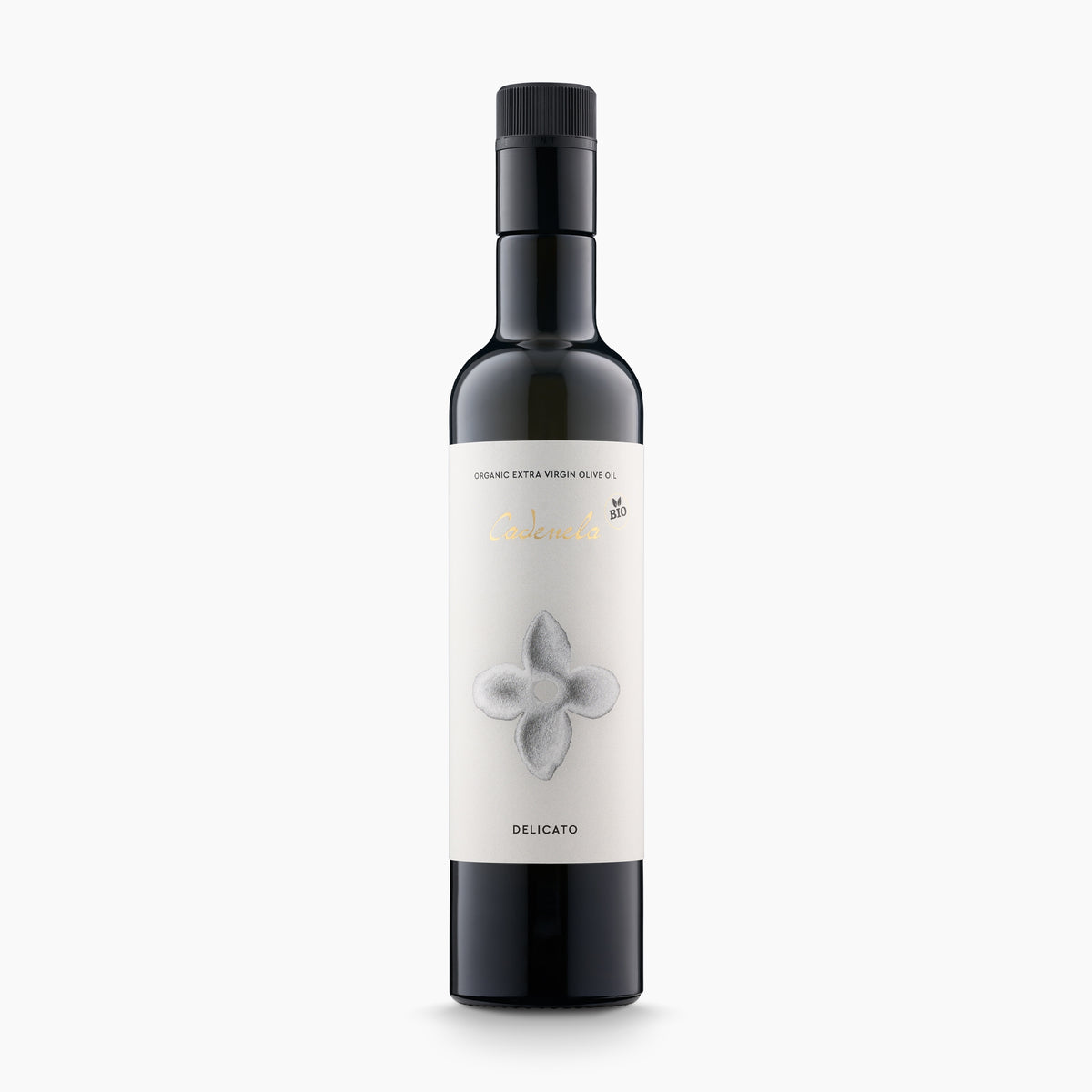 500 ml bottle of Cadenela Delicato Organic extra virgin olive oil.