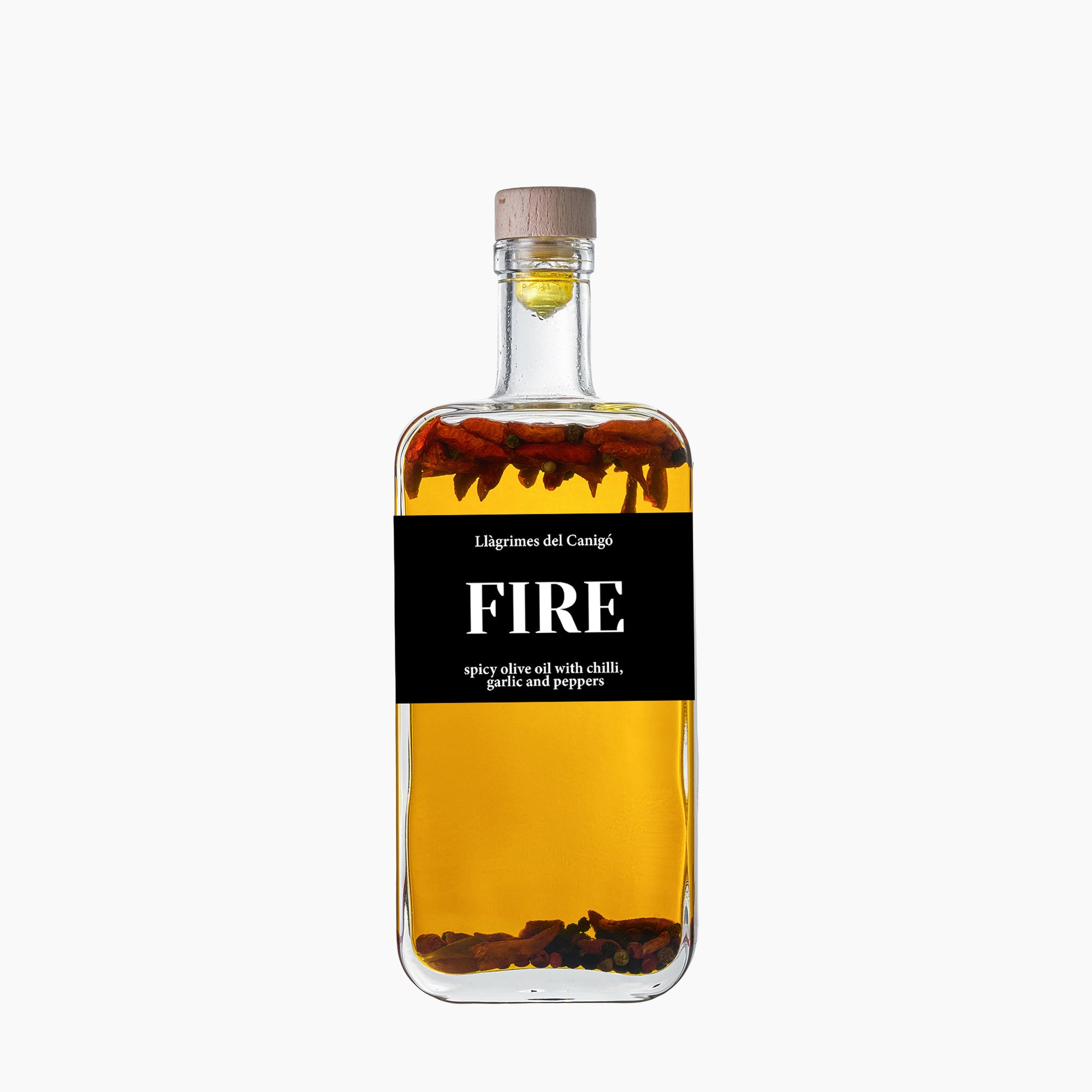 500 ml bottle of Llà grimes del Canigó Fire extra virgin olive oil from Catalonia, Spain.